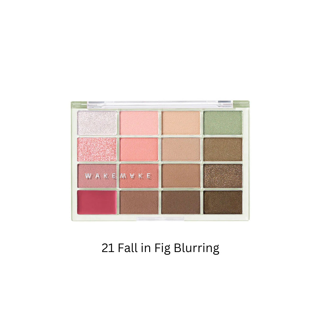 Wakemake Soft Blurring Eye Palette with 21 fall-inspired eyeshadow shades, featuring soft, blended colors for natural eye looks.