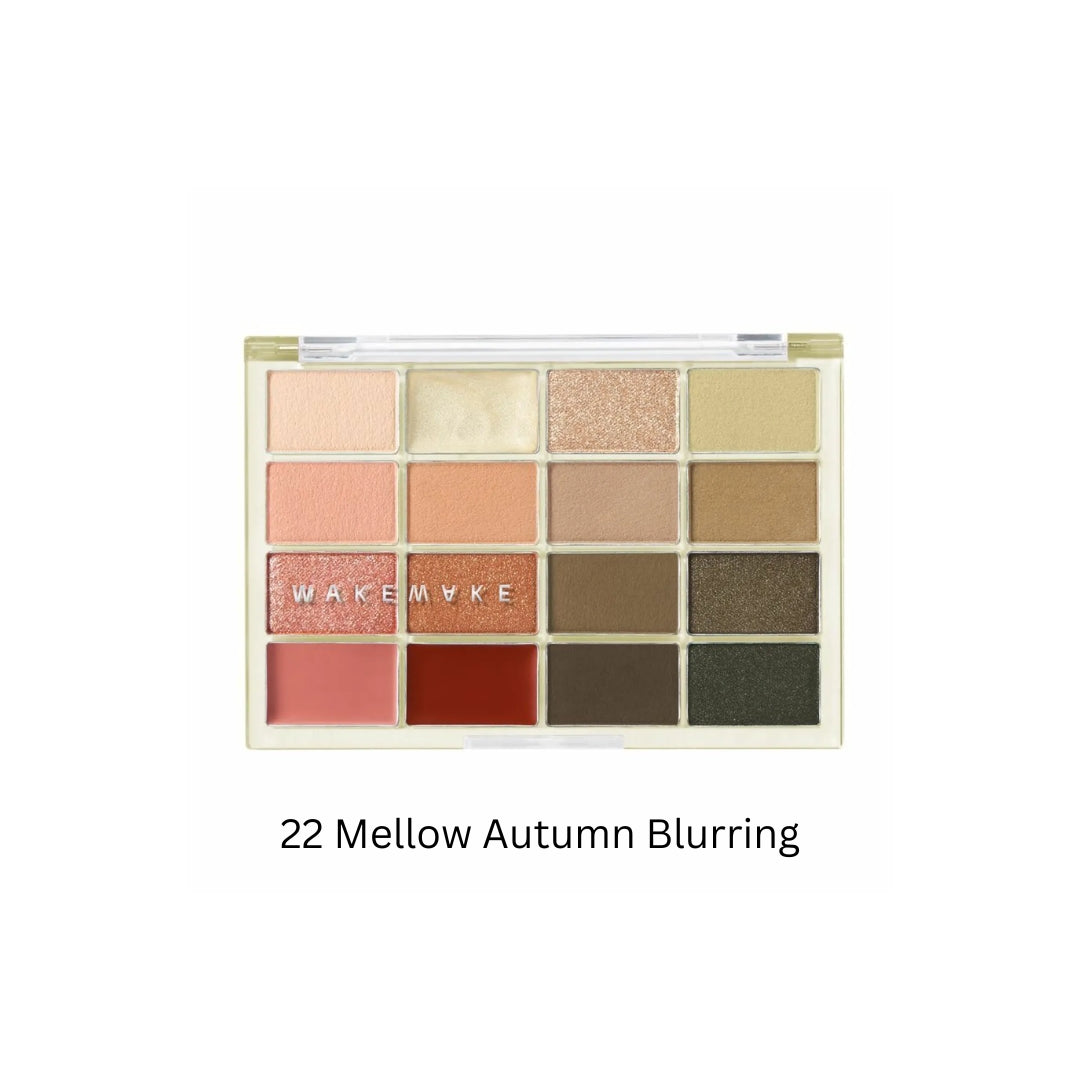 Wakemake Soft Blurring Eye Palette with 22 warm, muted eyeshadow shades for a soft, blended eye makeup look.