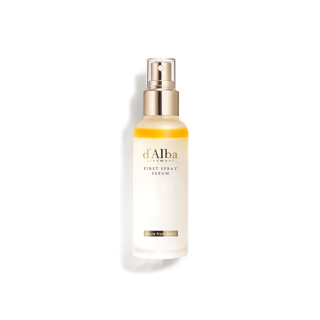 d'Alba White Truffle First Spray Serum face mist in a clear 100ml bottle with a white spray cap, designed for skincare and hydration.