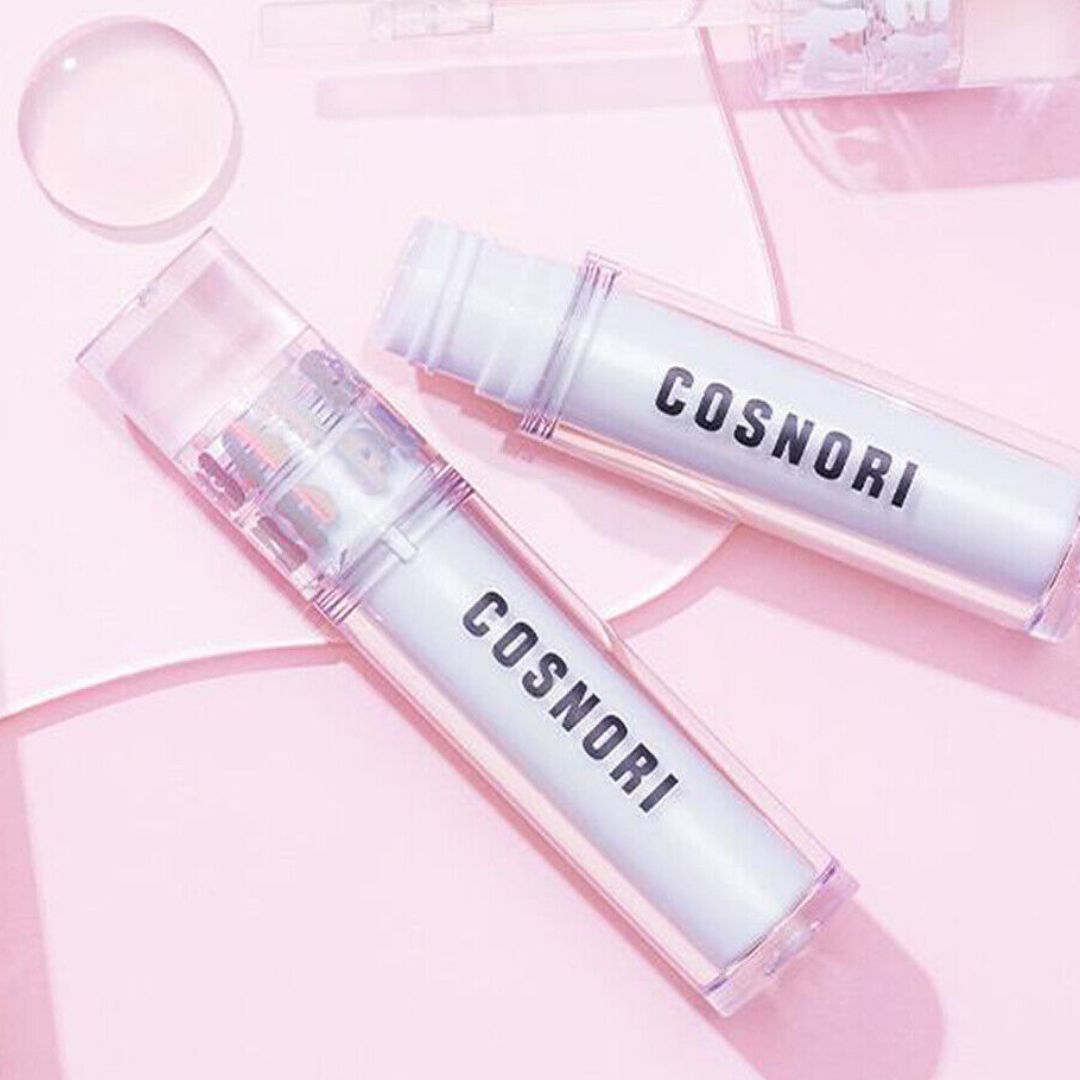 COSNORI Water-full Lip Plumper gloss showing a clear, shiny lip gloss tube with a pink tint, highlighting a hydrating lip plumper product.