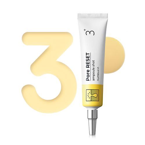 Numbuzin No.3 Pore Reset Ampoule Shot 25ml bottle with clear liquid inside, designed for pore refining and skin clarity.