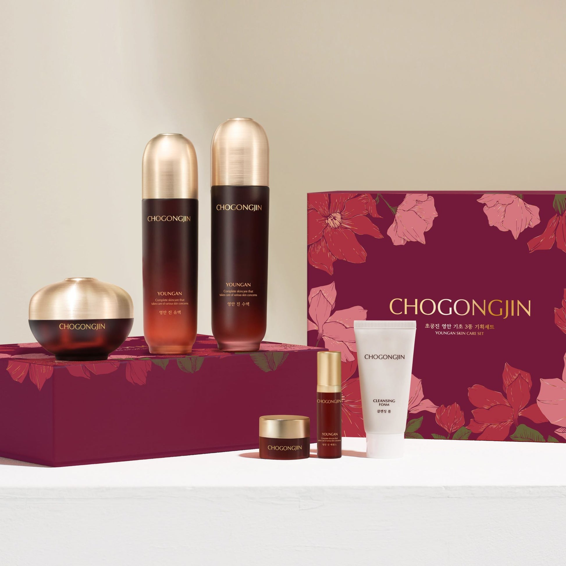 Chogongjin Youngan skincare set with three skincare products including cream, toner, and serum in white packaging.