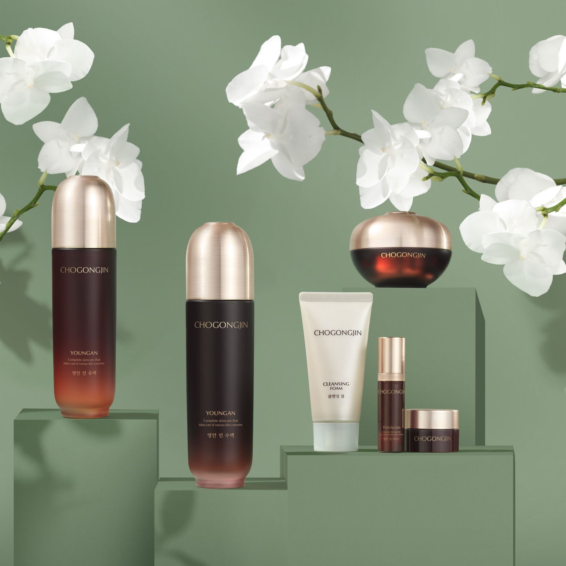 Chogongjin Youngan skincare set with three skincare products in white bottles and jars, arranged on a clean white background.