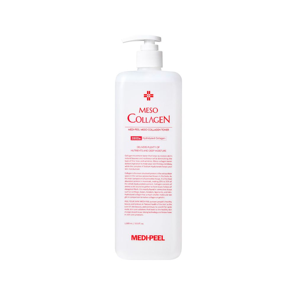 MEDIPEEL+ Meso Collagen Toner 1000ml bottle, clear liquid with a slightly viscous consistency, designed for skincare.