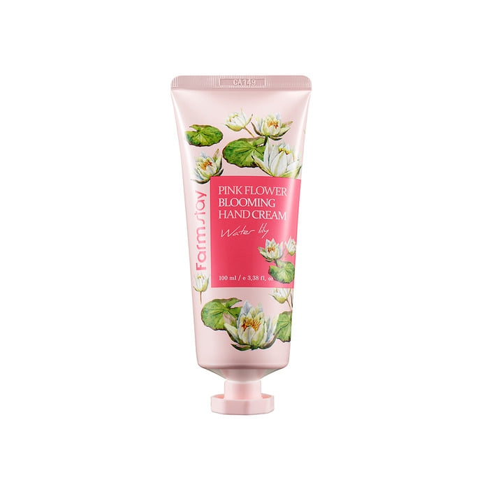Farmstay Pink Flower Blooming Hand Cream with Water Lily, 100ml, featuring a floral design and moisturizing formula.