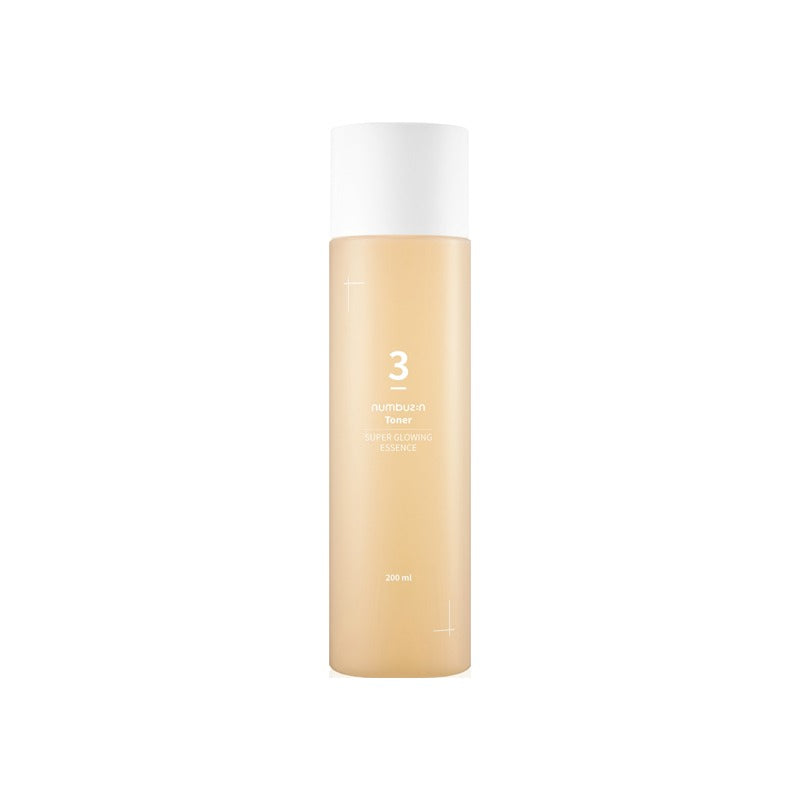 Numbuzin No.3 Super Glowing Essence Toner in 200ml bottle, clear liquid toner with minimalist packaging, ideal for brightening skin