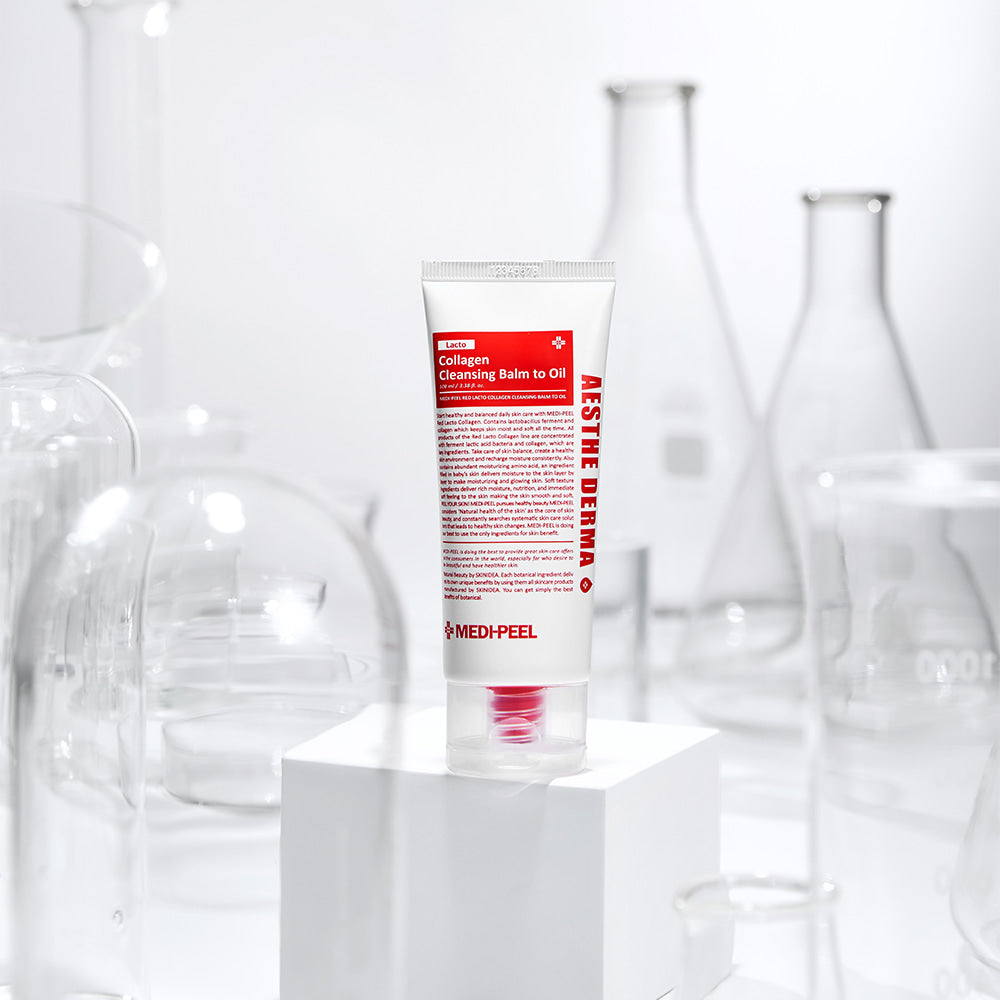 Red Lacto Collagen Cleansing Balm to Oil by MEDIPEEL+ in a 100ml jar, showcasing the balm's rich texture and vibrant red color.