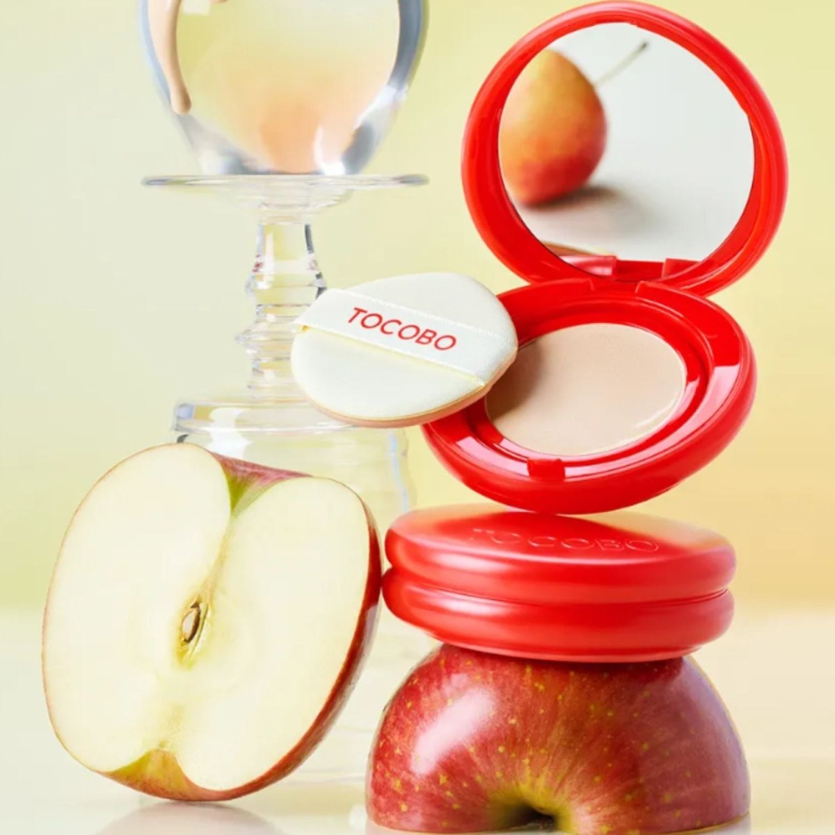 TOCOBO Apple Dewy Fit Cushion Foundation 15g with a compact case, showing the product's fresh, dewy finish and packaging.