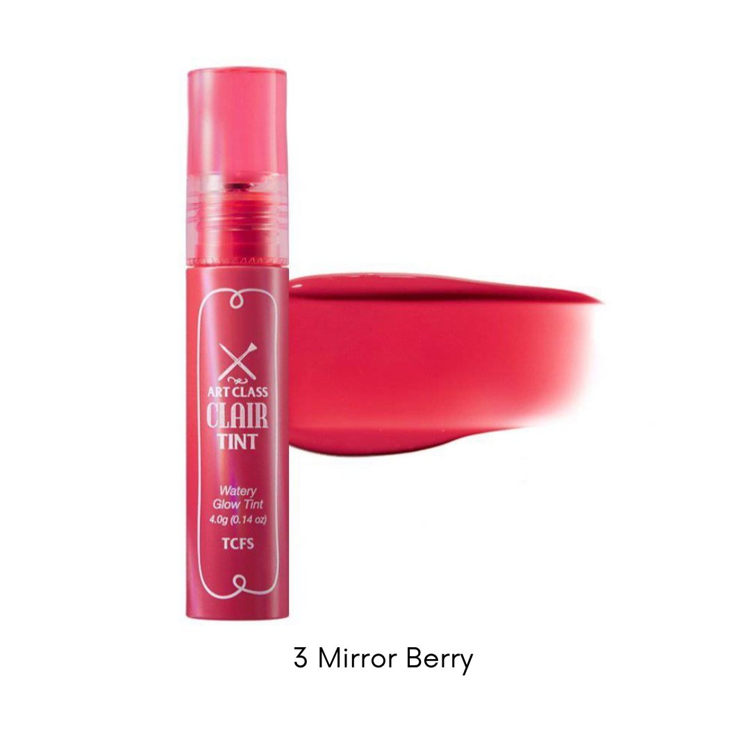 Too Cool For School Artclass Clair Tint lip tint in five vibrant colors, showcasing smooth application and glossy finish.