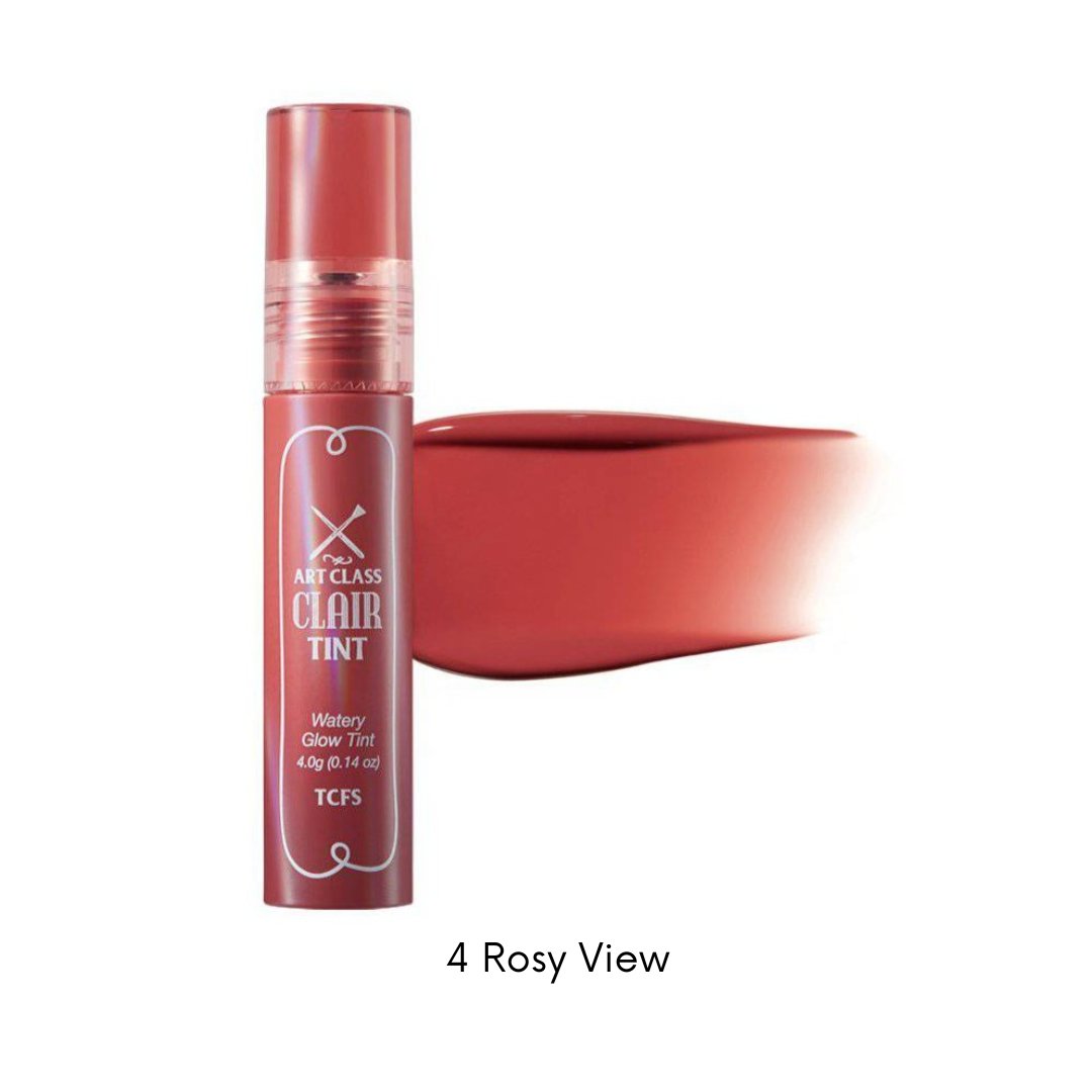 Too Cool For School Artclass Clair Tint lip tint in five vibrant colors, shown in sleek packaging with applicator brush.