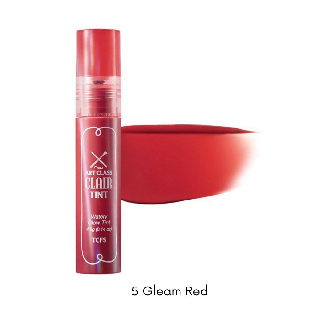 Too Cool For School Artclass Clair Tint lip tint in five vibrant colors, showing smooth, glossy application on lips.