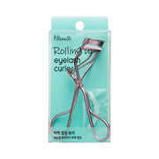 Fillimilli rolling eyelash curler with black rubber padding and curved metal clamp for curling eyelashes.