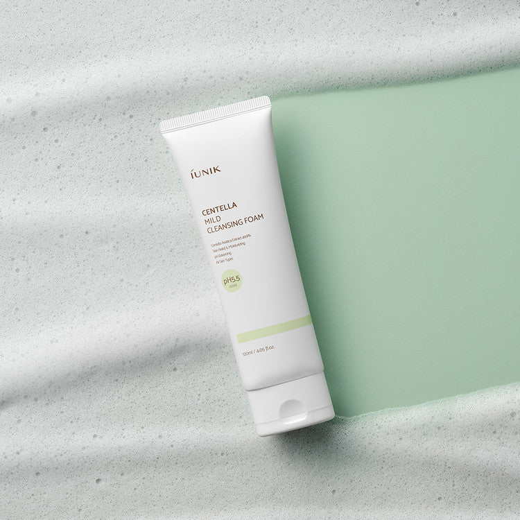 iUNIK Centella Mild Cleansing Foam in 120ml tube, gentle gel and foam cleanser with calming Centella extract.