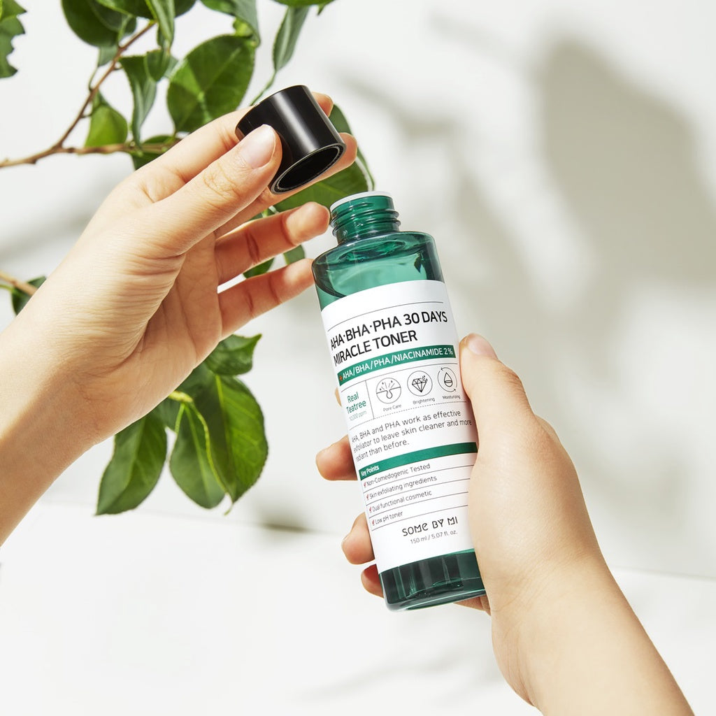 Some By Mi AHA BHA PHA 30 Days Miracle Toner 150ml bottle showing the clear liquid inside and product label.