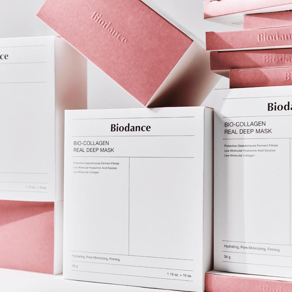 Biodance Bio-Collagen Real Deep Mask sheet mask box with four skincare masks for nourishing and hydrating skin.
