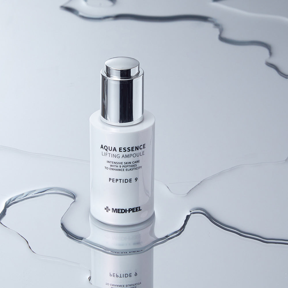 MEDIPEEL+ Peptide 9 Aqua Essence Lifting Ampoule 50ml bottle with clear liquid and pump dispenser for skin rejuvenation