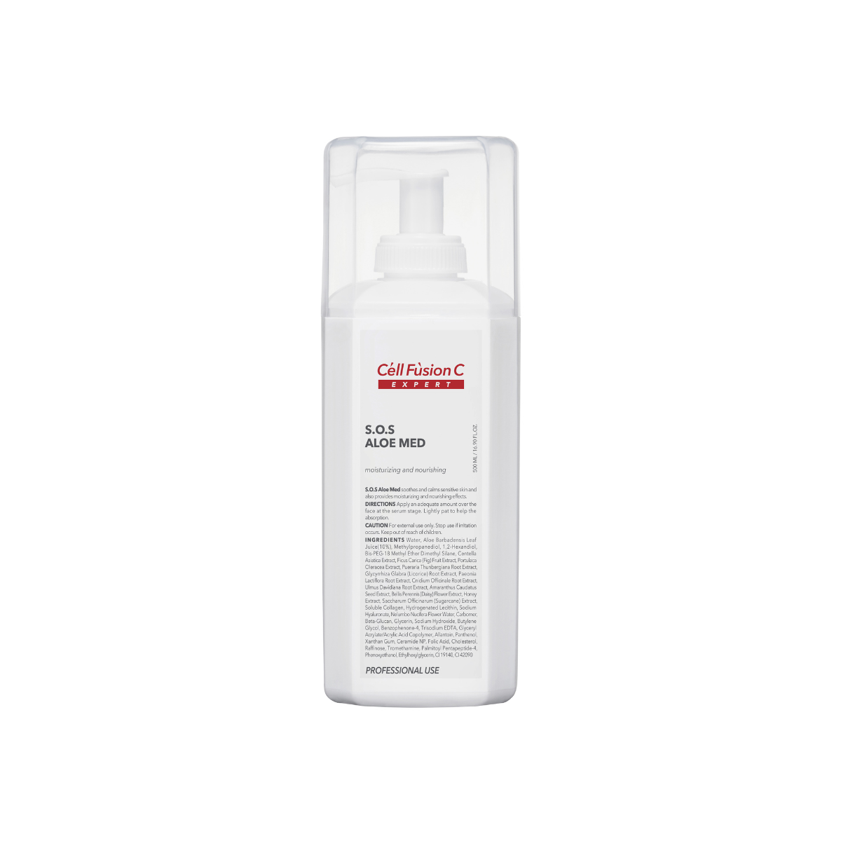 Cell Fusion C Expert S.O.S Aloe Med 500ml face moisturizer bottle with aloe vera for soothing skin care.