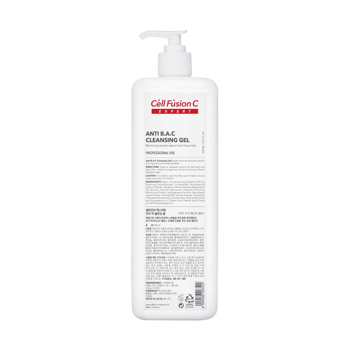 Cell Fusion C Expert Anti B.A.C Cleansing Gel in a 1000ml bottle, showing the clear gel and foam cleanser texture.