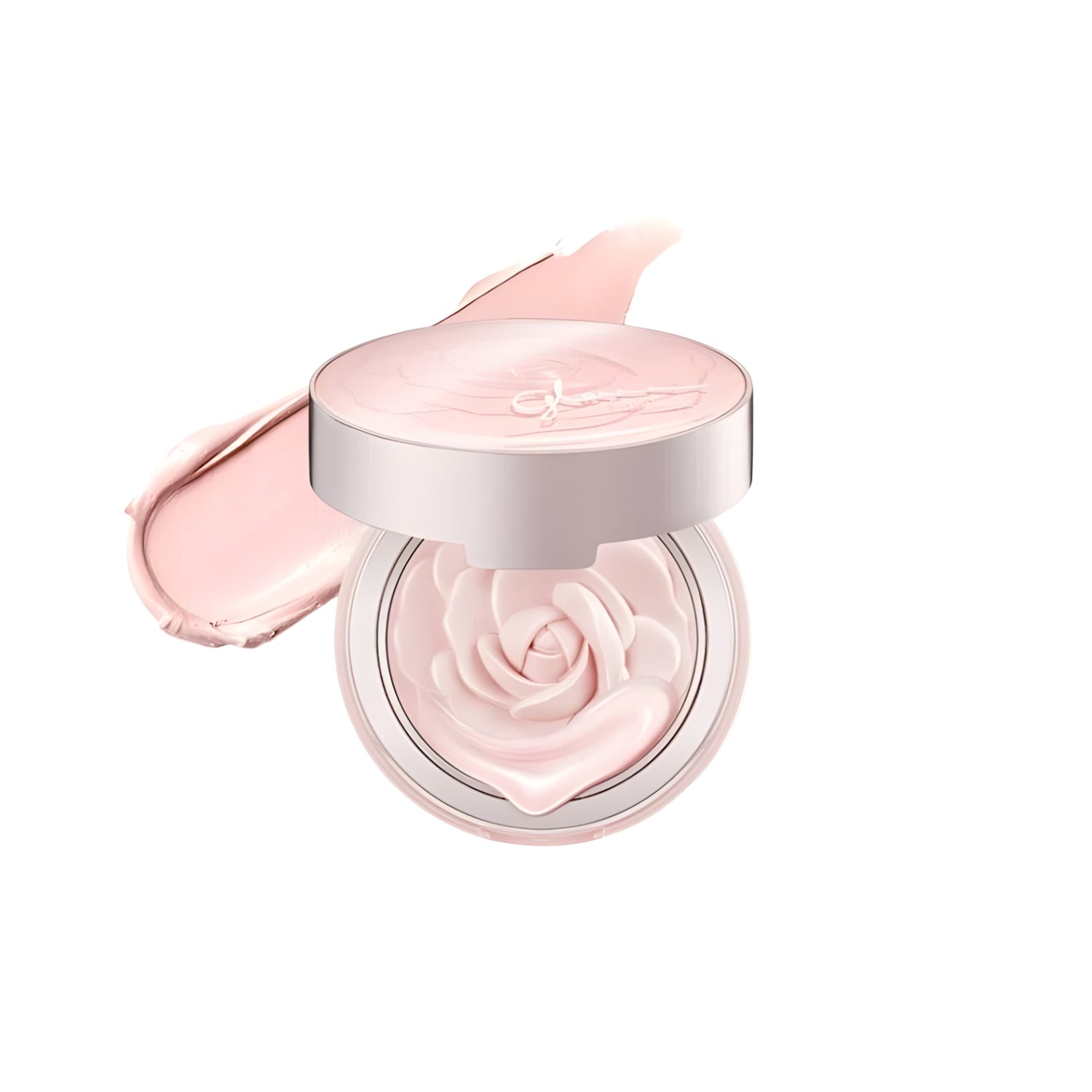 Missha Glow Tone Up Rose Pact tone-up cream in a compact with pink rose design and open lid showing product inside.