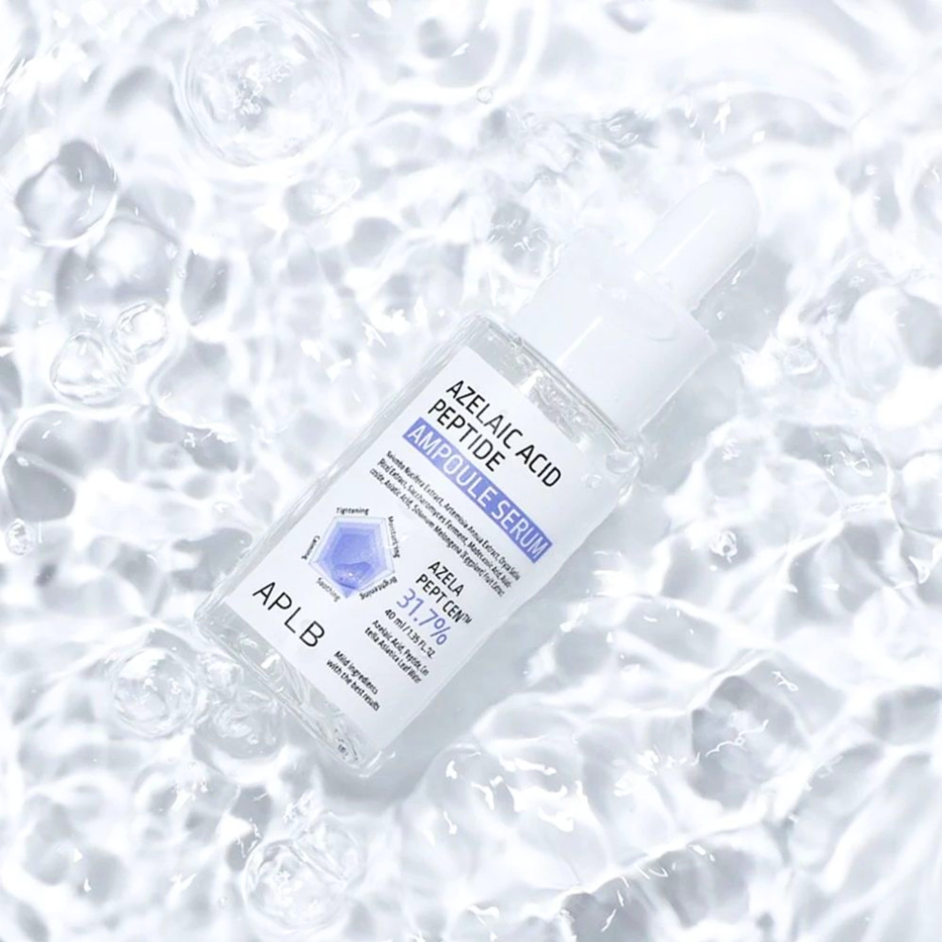 Azelaic Acid Peptide Ampoule Serum in a 40ml bottle, featuring clear liquid and dropper for skincare treatment.