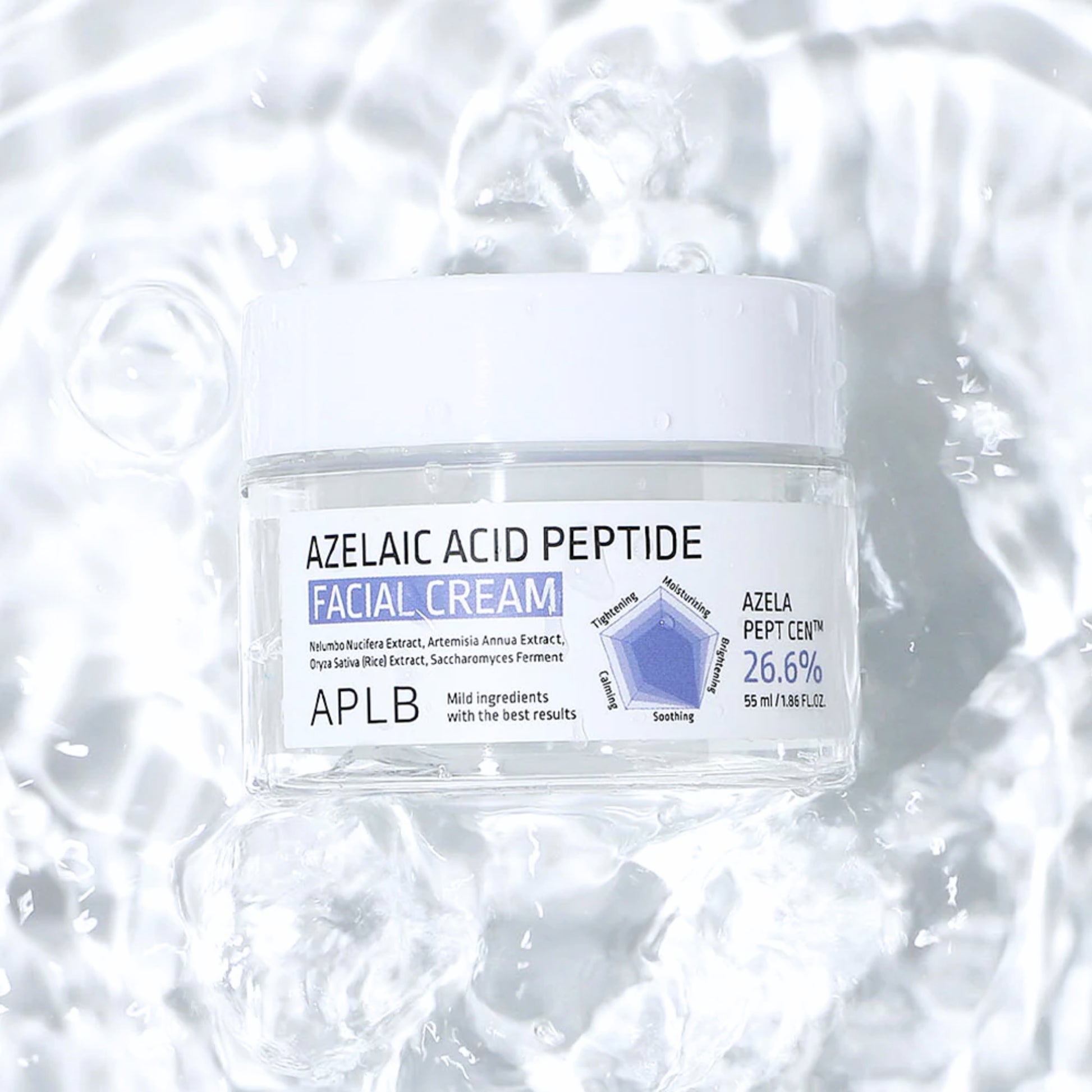 APLB Azelaic Acid Peptide Facial Cream 55ml face moisturizer, featuring a white jar with a blue label and sealed lid.