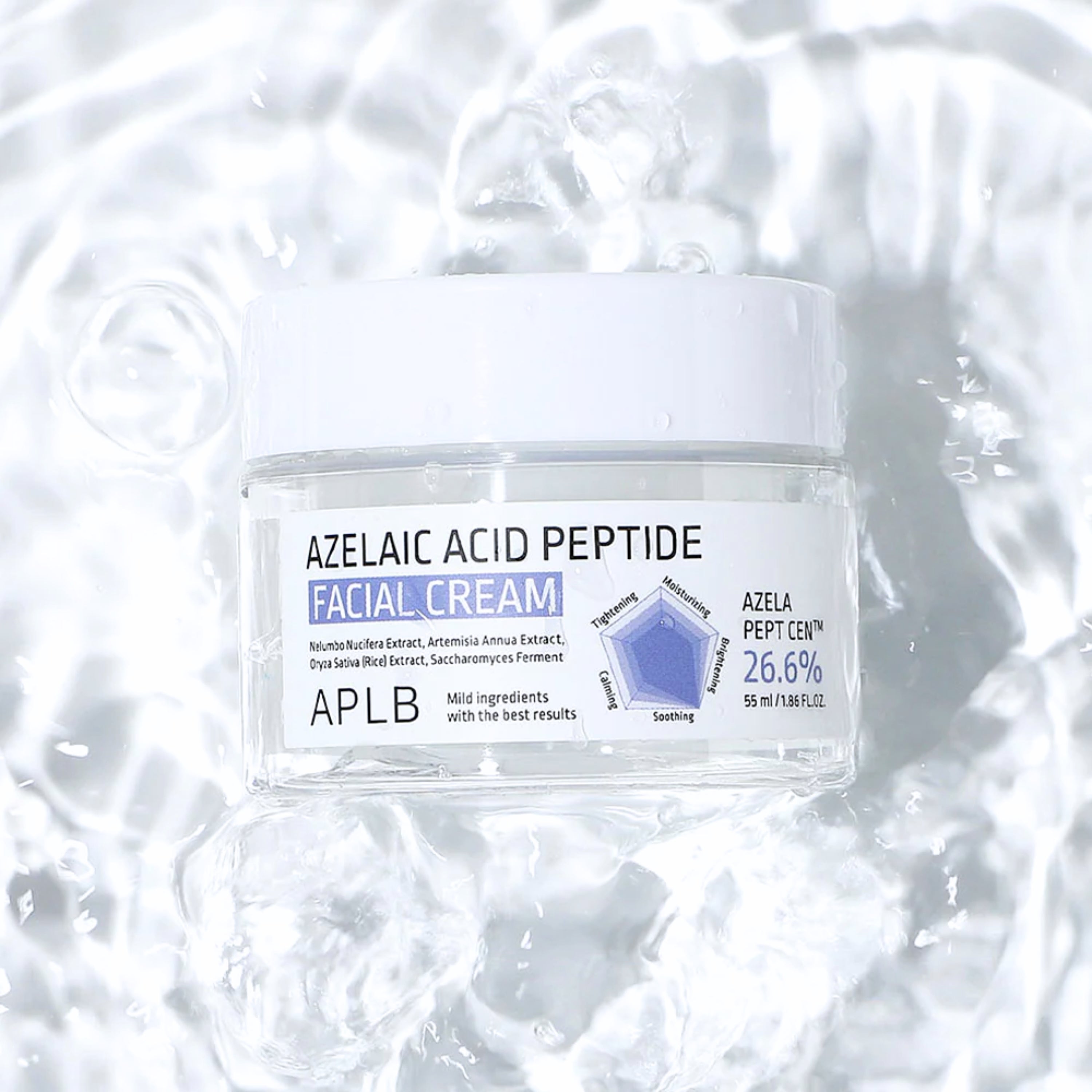 APLB Azelaic Acid Peptide Facial Cream 55ml face moisturizer, featuring a white jar with a blue label and sealed lid.