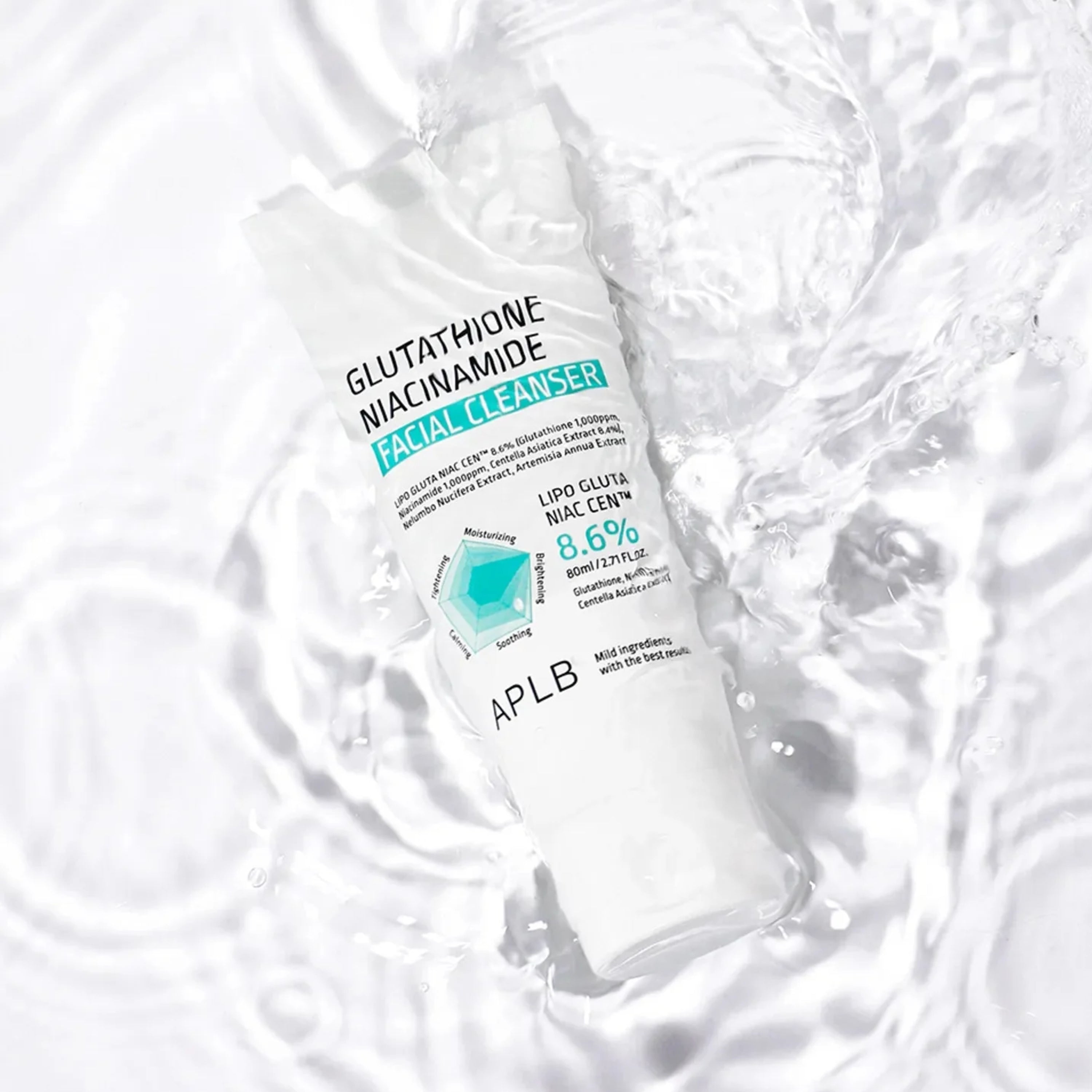 APLB Glutathione Niacinamide Facial Cleanser in 80ml gel and foam form, showing the cleanser's packaging and product label.