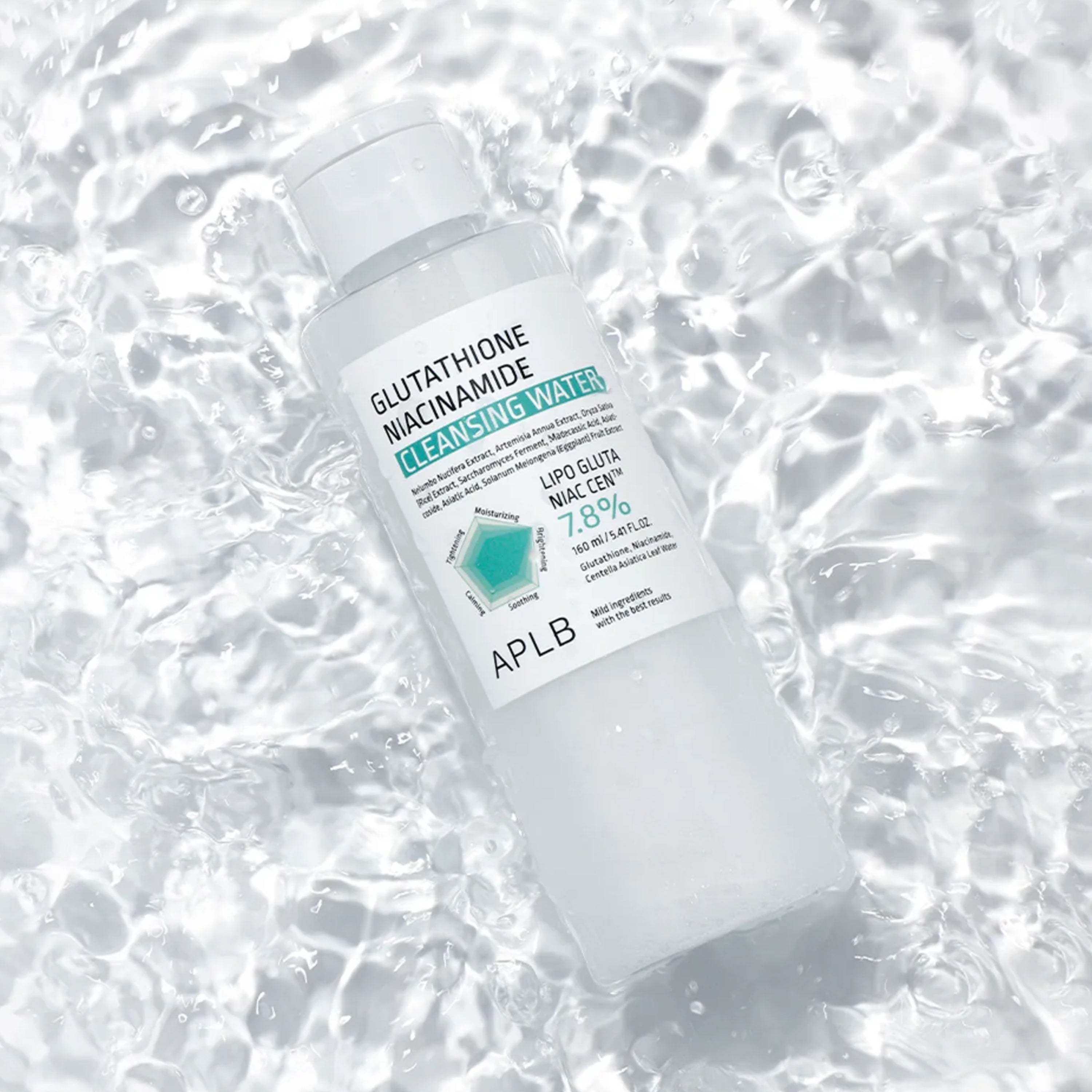 APLB Glutathione Niacinamide Oil-Free Micellar Water in a 160ml bottle, gentle cleansing water with brightening ingredients.