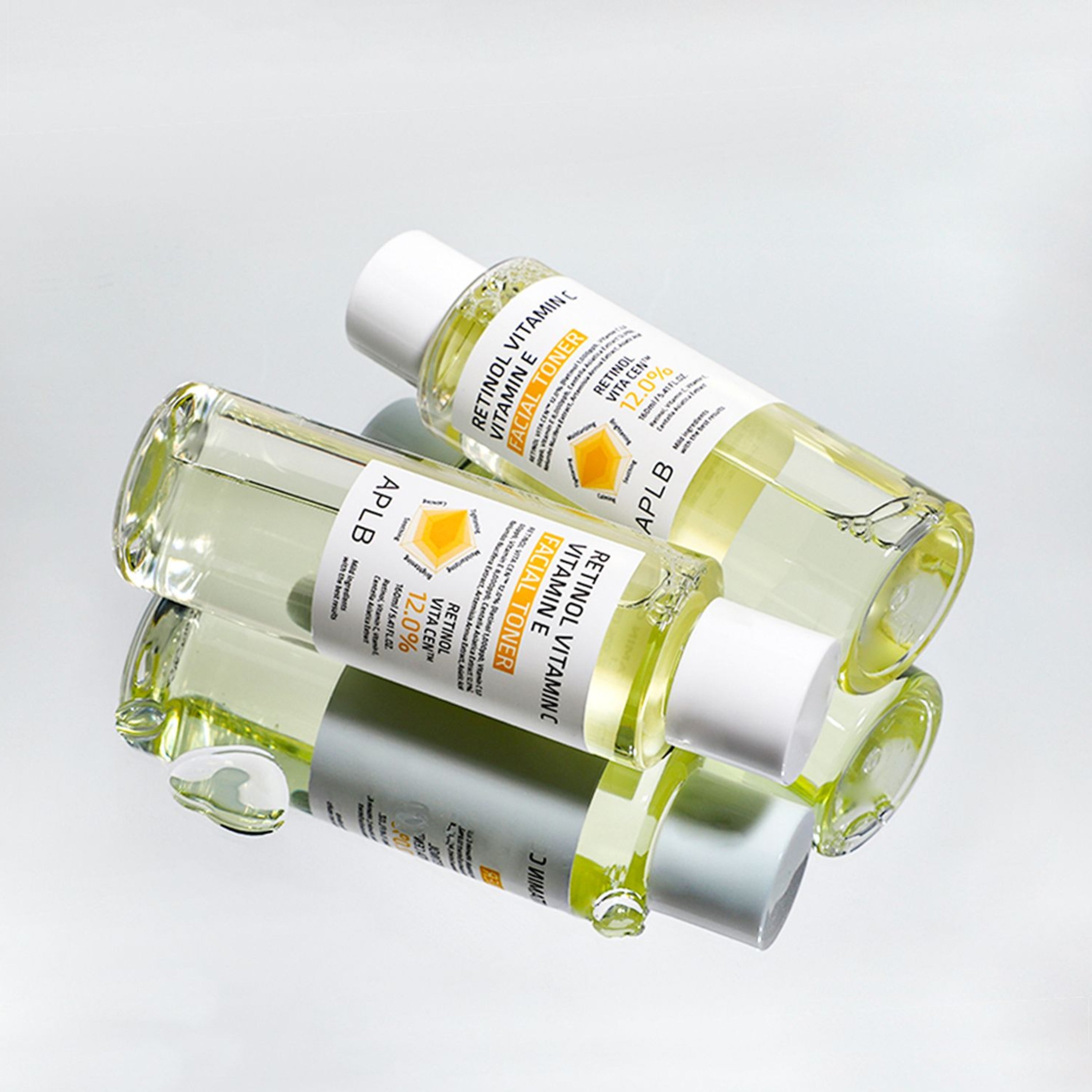 APLB Retinol Vitamin C and E facial toner in a 160ml bottle, featuring a clear liquid with a minimalist label design.