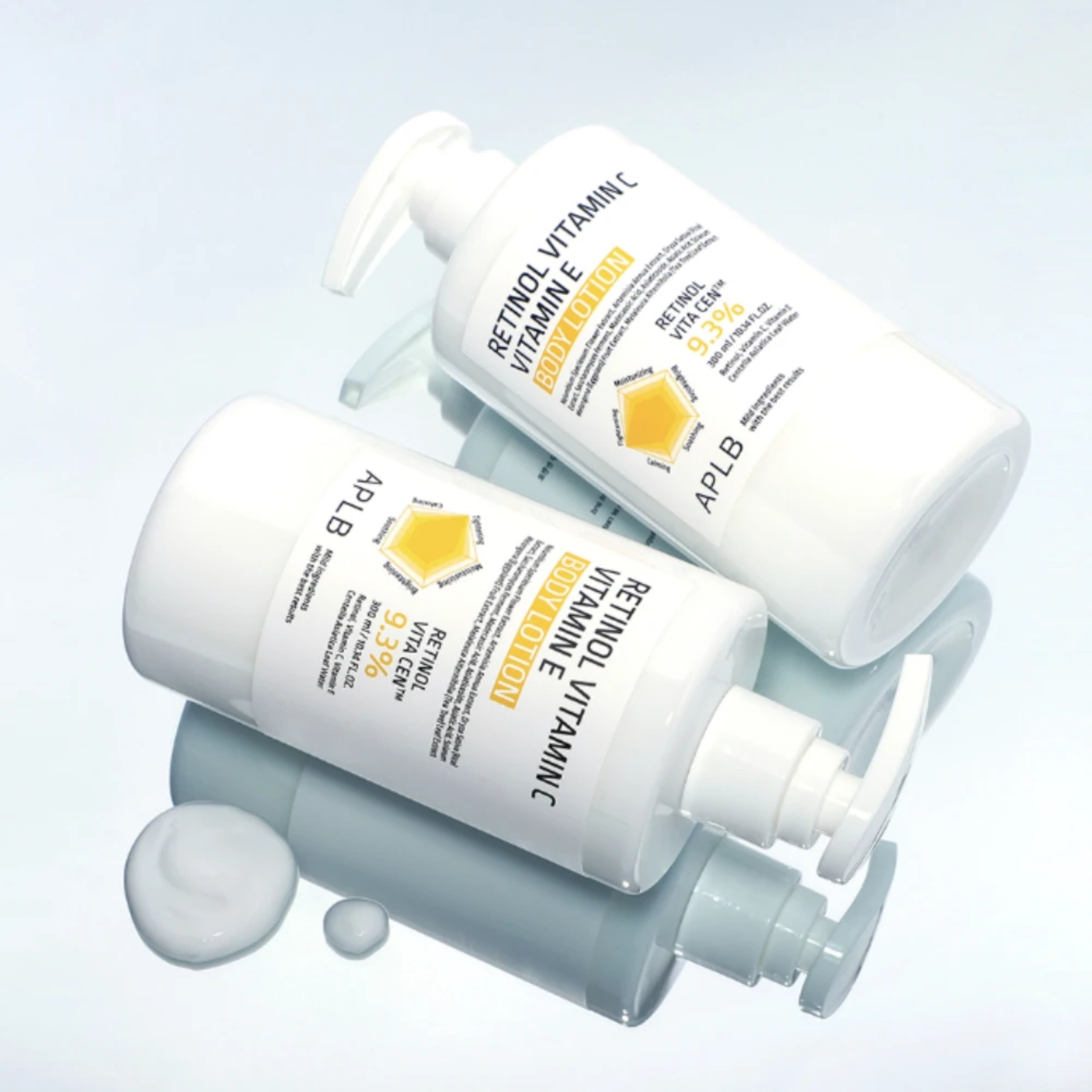 APLB Retinol, Vitamin C, and Vitamin E body lotion in a 300ml bottle, featuring a smooth, nourishing formula for skin hydration.