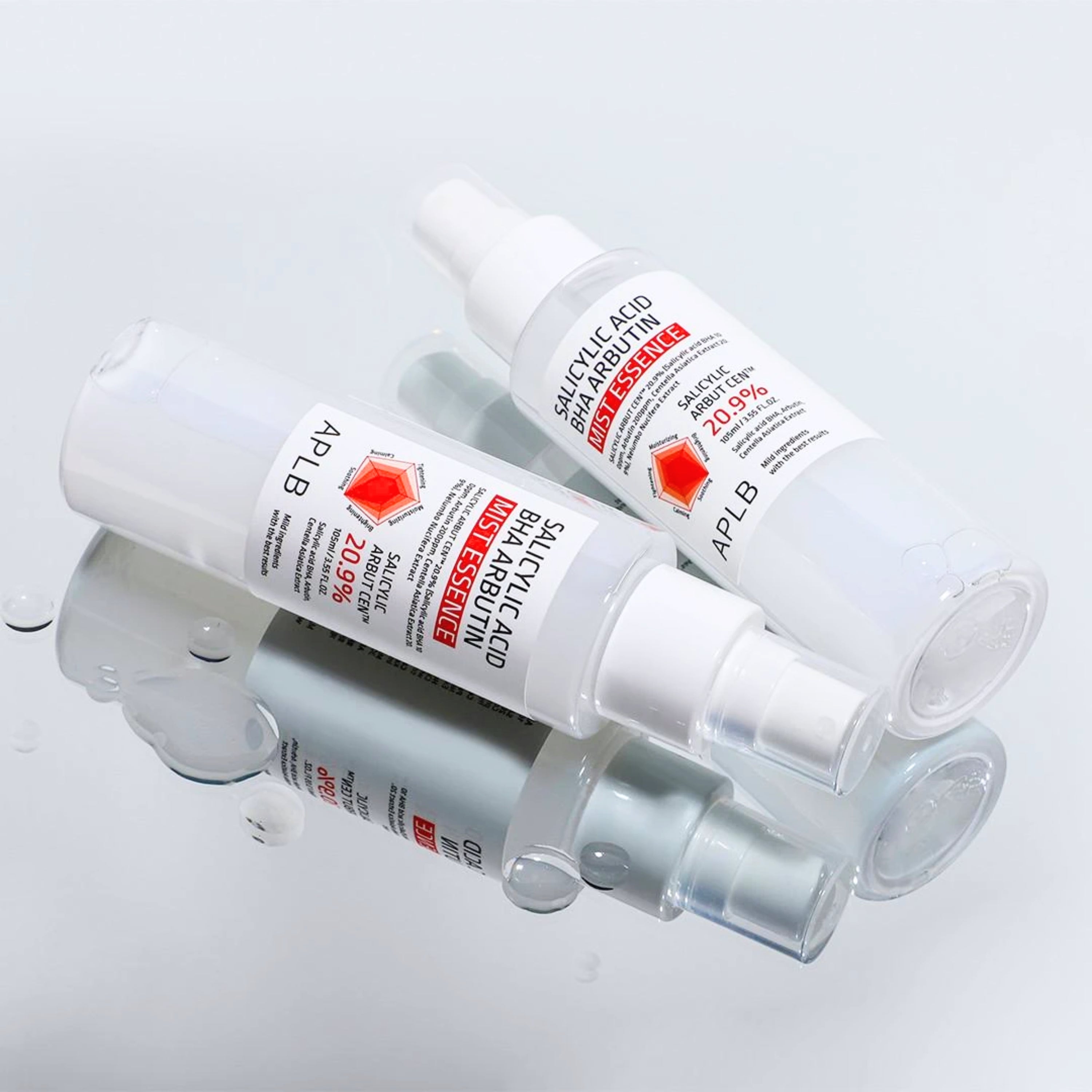 APLB Salicylic Acid BHA Arbutin face mist in a 105ml spray bottle, designed for clear, balanced skin with soothing ingredients.