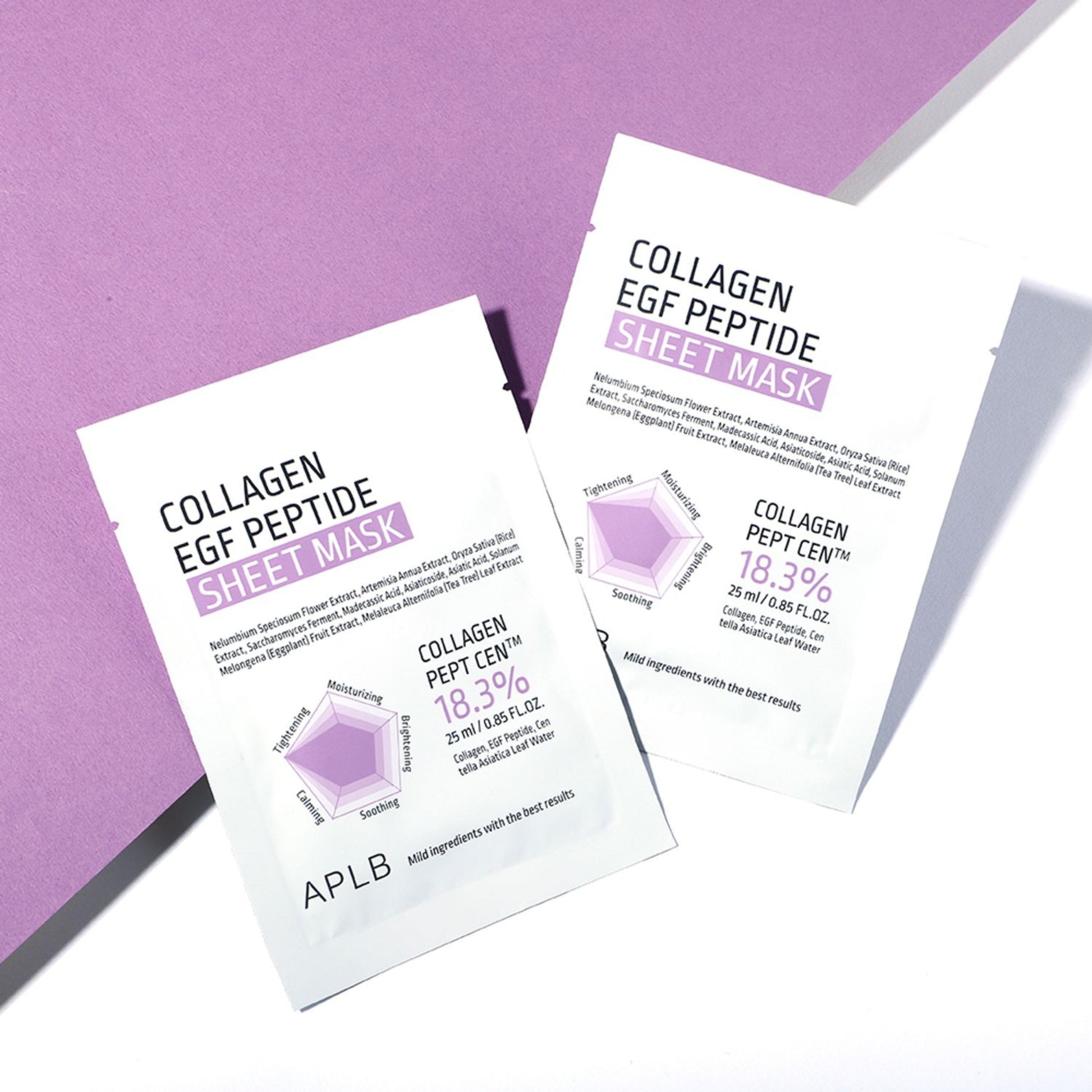 APLB Collagen EGF Peptide Sheet Mask showing a white sheet mask with skincare ingredients for facial hydration and rejuvenation.