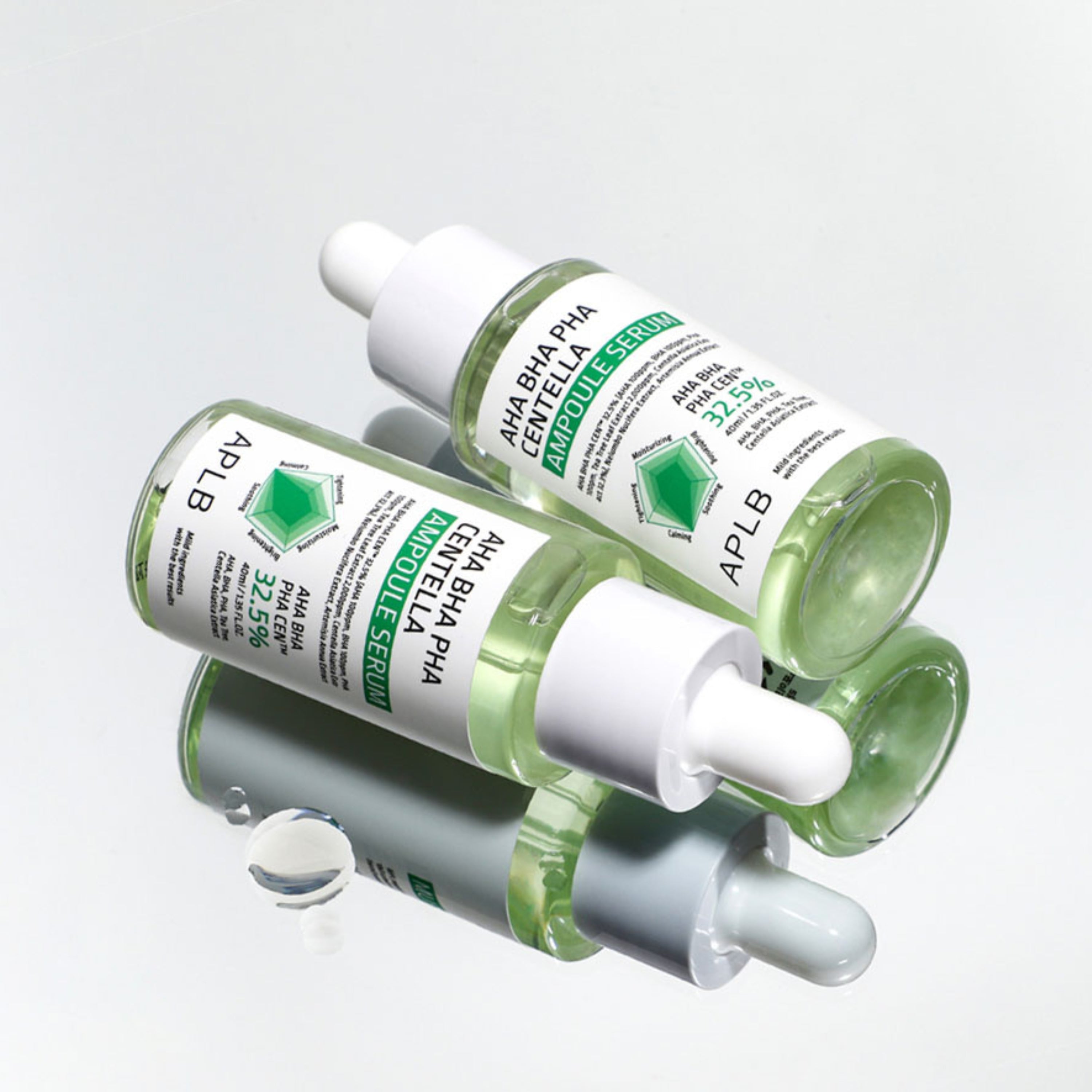 APLB AHA BHA PHA Centella Ampoule Serum in a 40ml bottle, featuring clear liquid and pump dispenser for skincare.
