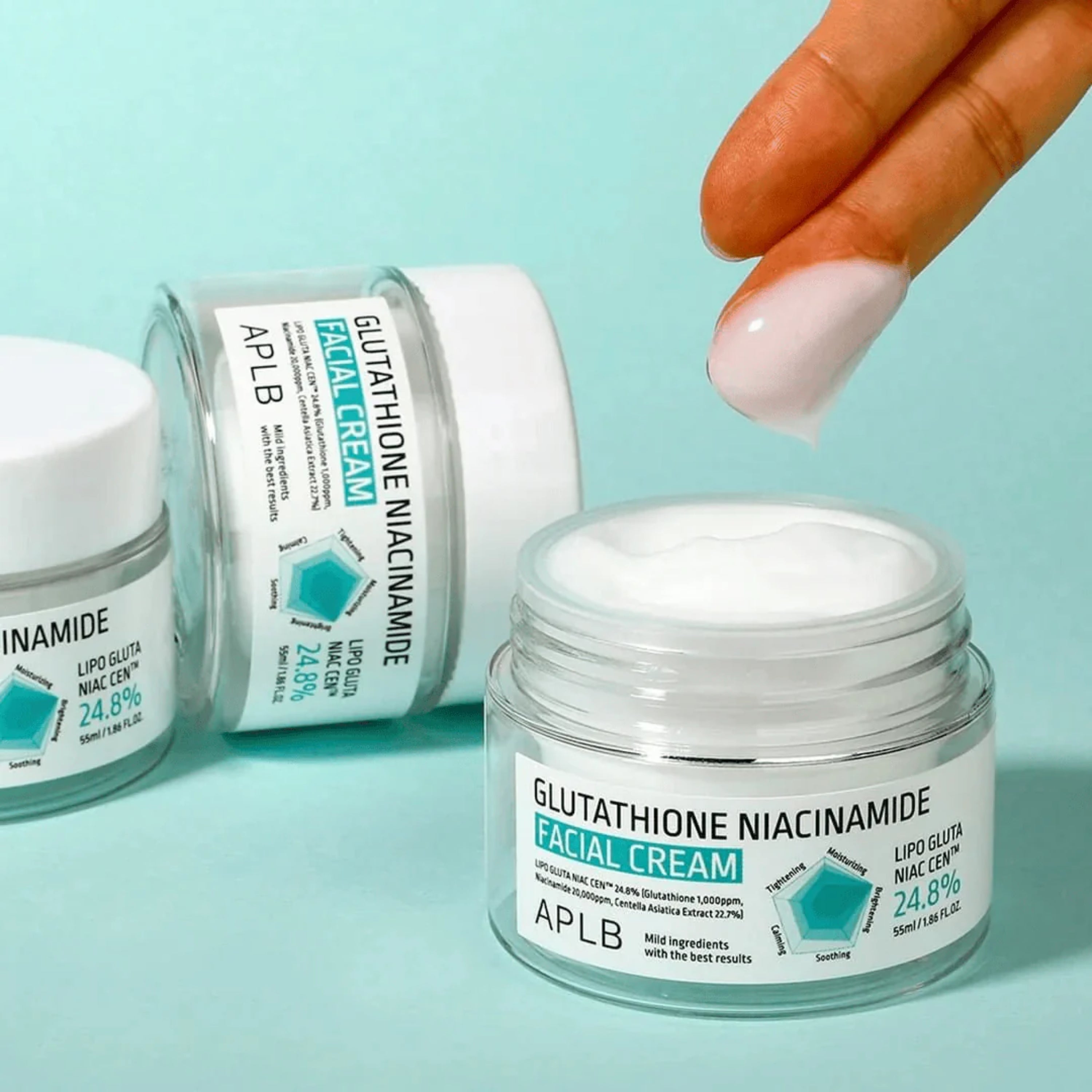 APLB Glutathione Niacinamide facial cream in 55ml jar, a face moisturizer with brightening and hydrating skincare ingredients.