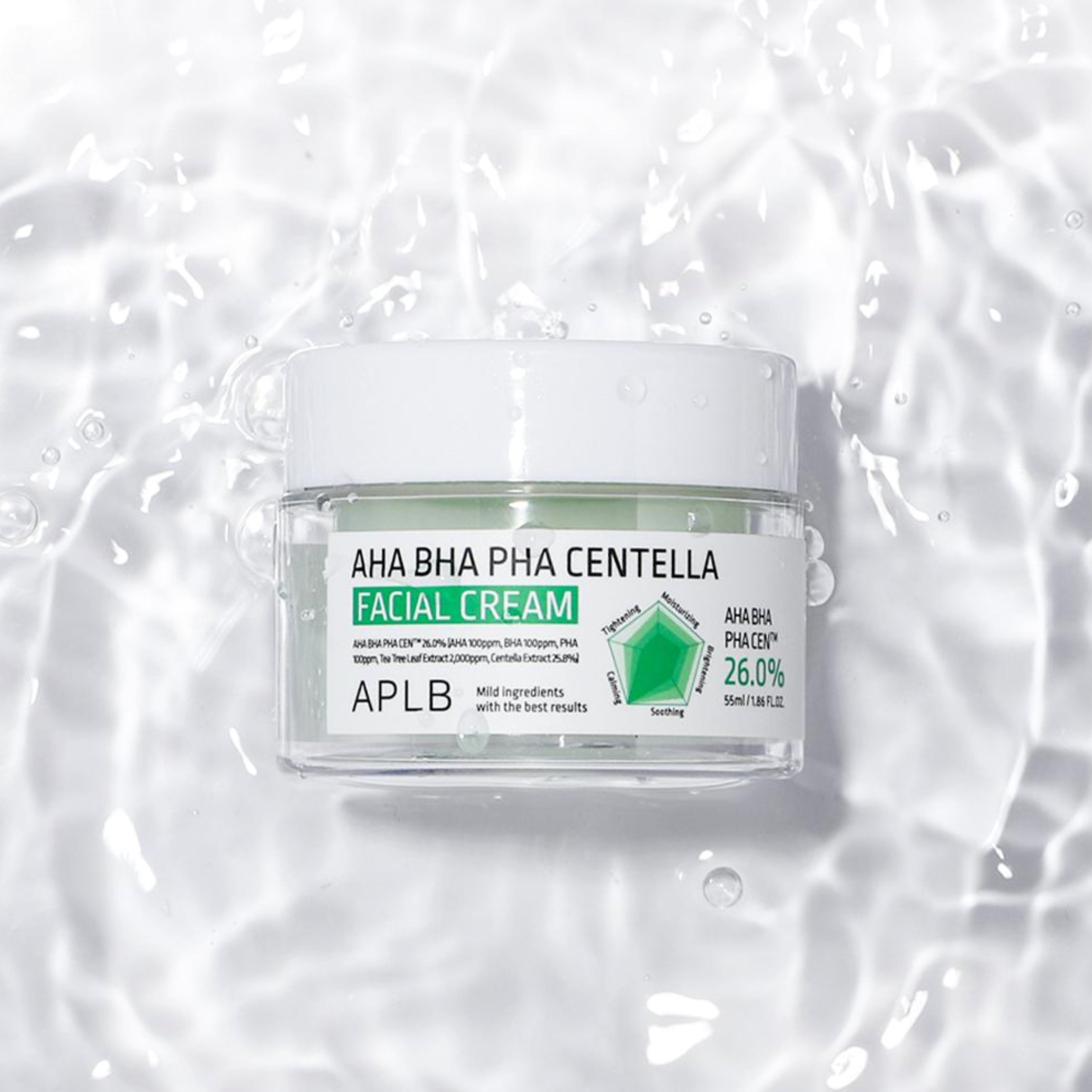 APLB AHA BHA PHA Centella facial cream in 55ml jar, hydrating face moisturizer with natural ingredients and soothing centella extract.