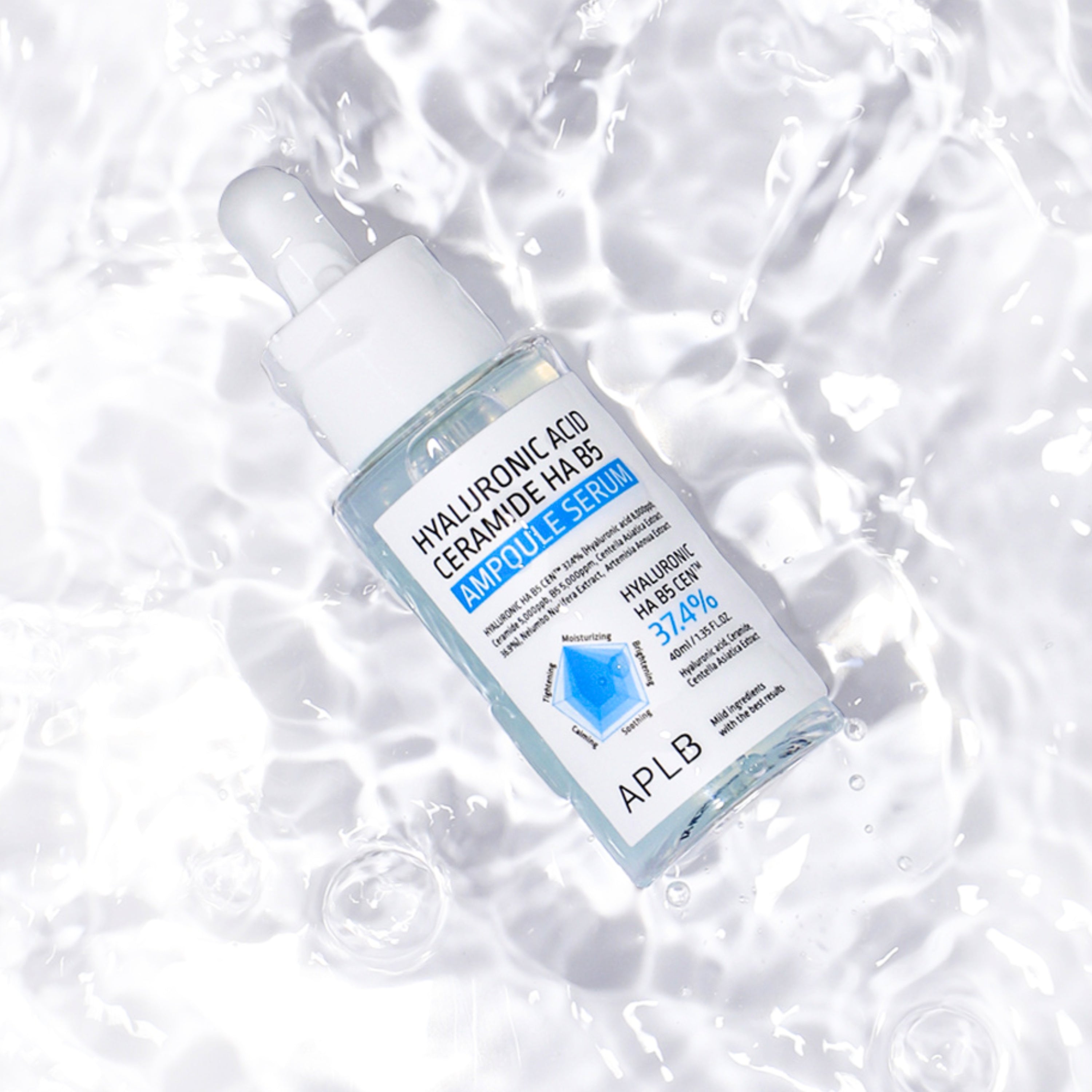 APLB Hyaluronic Acid Ceramide HA B5 Ampoule Serum 40ml in a clear glass bottle with a pump dispenser.