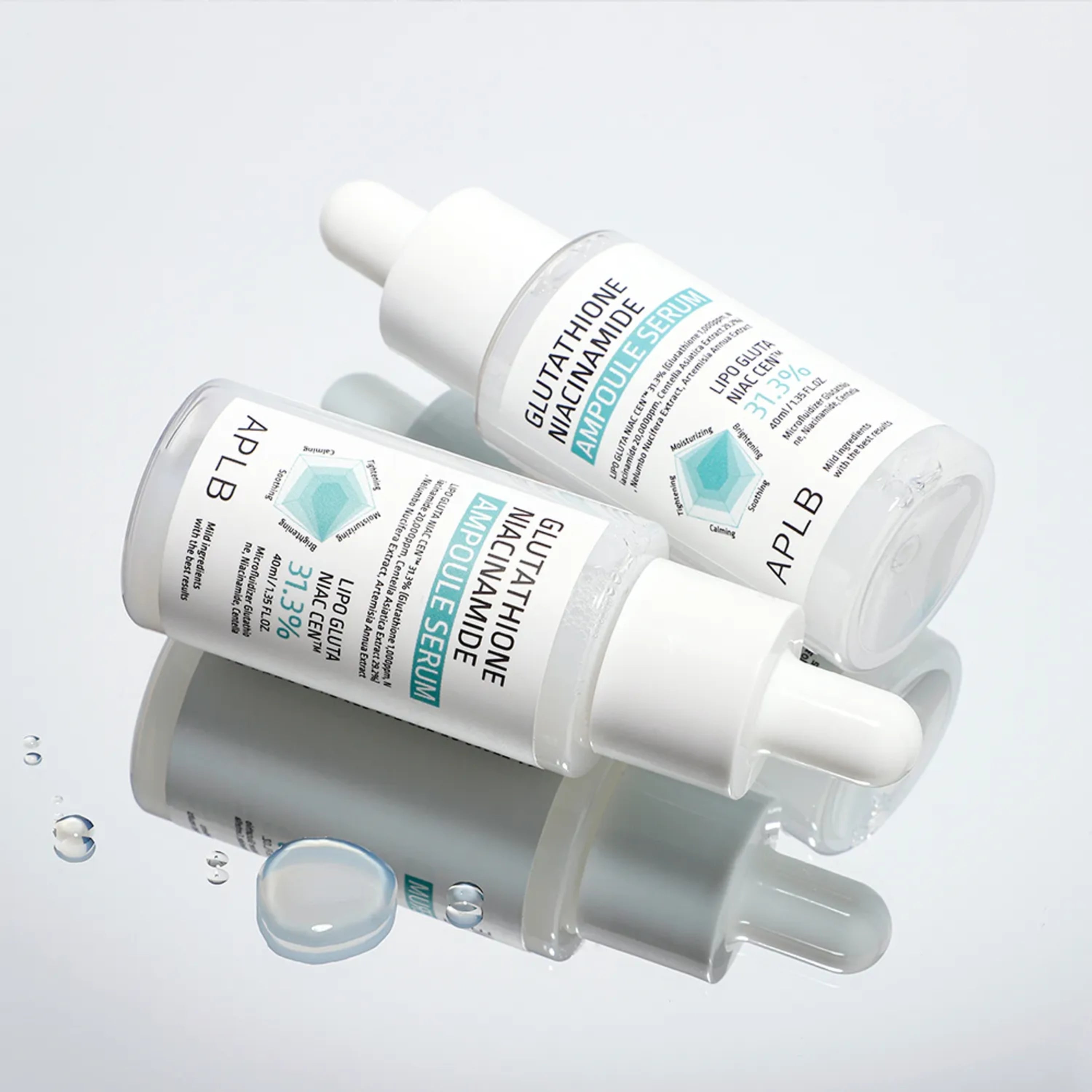 APLB Glutathione Niacinamide Ampoule Serum in 40ml bottle, showcasing clear glass container with serum inside and label.