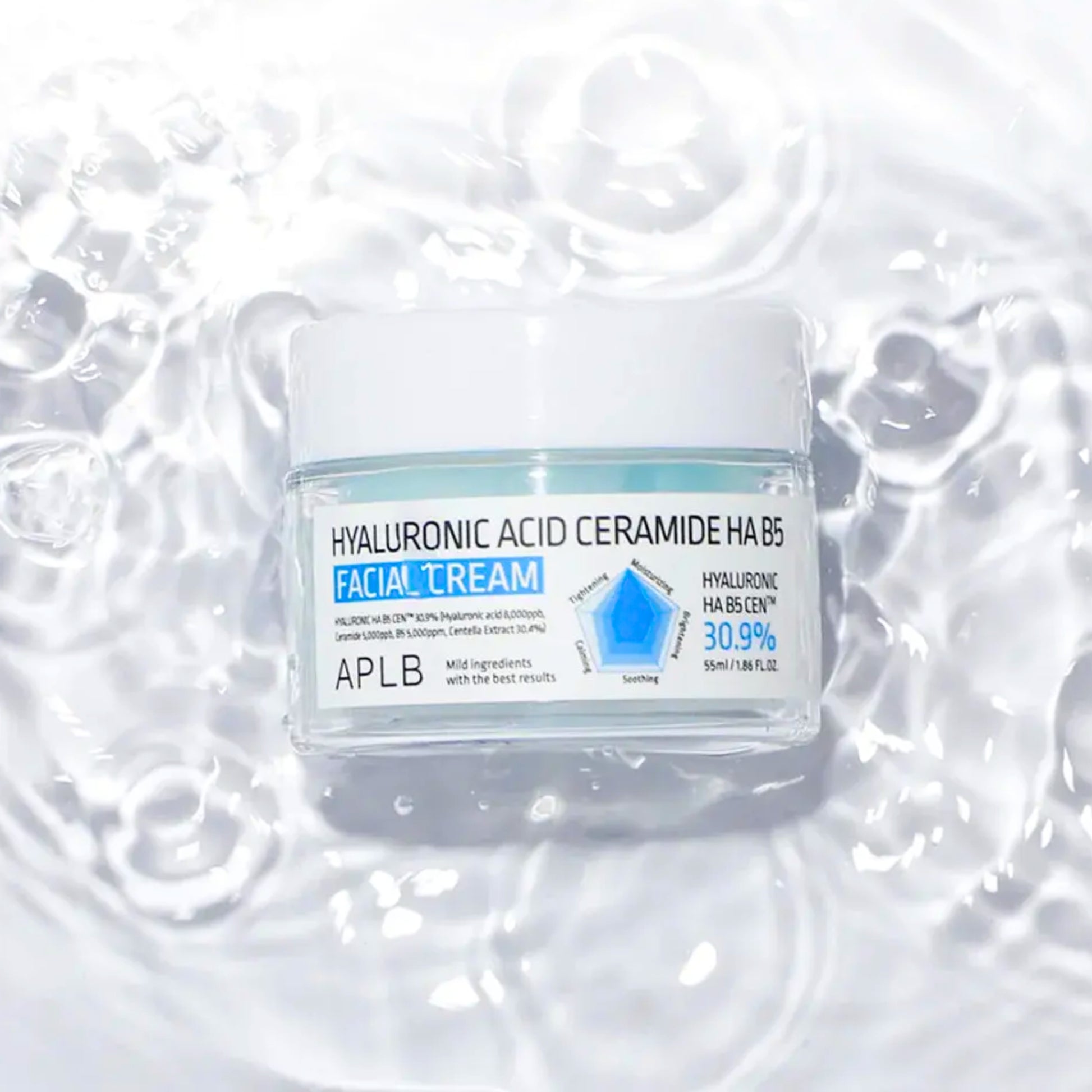 APLB Hyaluronic Acid Ceramide HA B5 facial moisturizer in 55ml jar, featuring a creamy texture for hydration and skin barrier support.