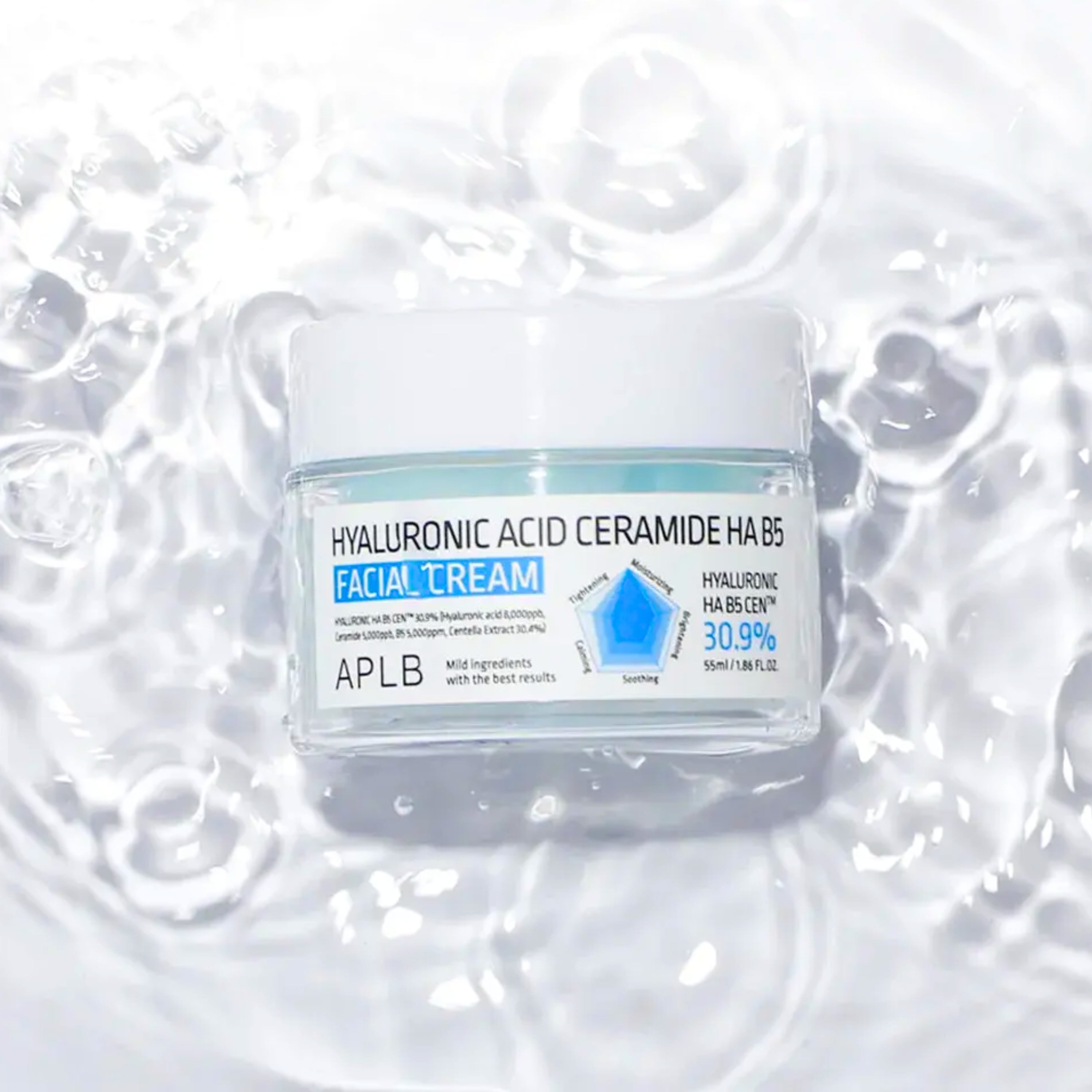 APLB Hyaluronic Acid Ceramide HA B5 facial moisturizer in 55ml jar, featuring a creamy texture for hydration and skin barrier support.