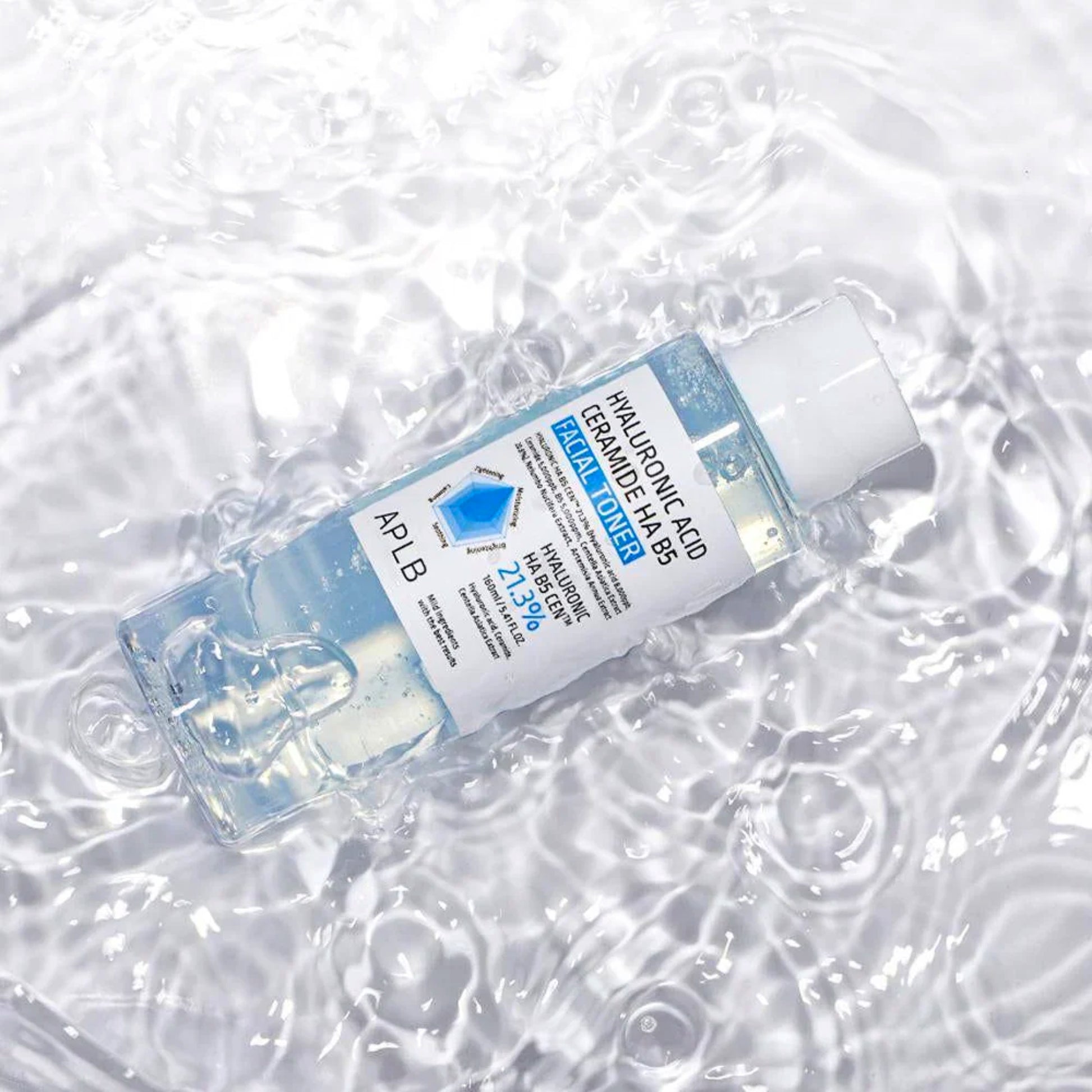 APLB Hyaluronic Acid Ceramide HA B5 Facial Toner in 160ml bottle, showing clear liquid and sleek packaging.
