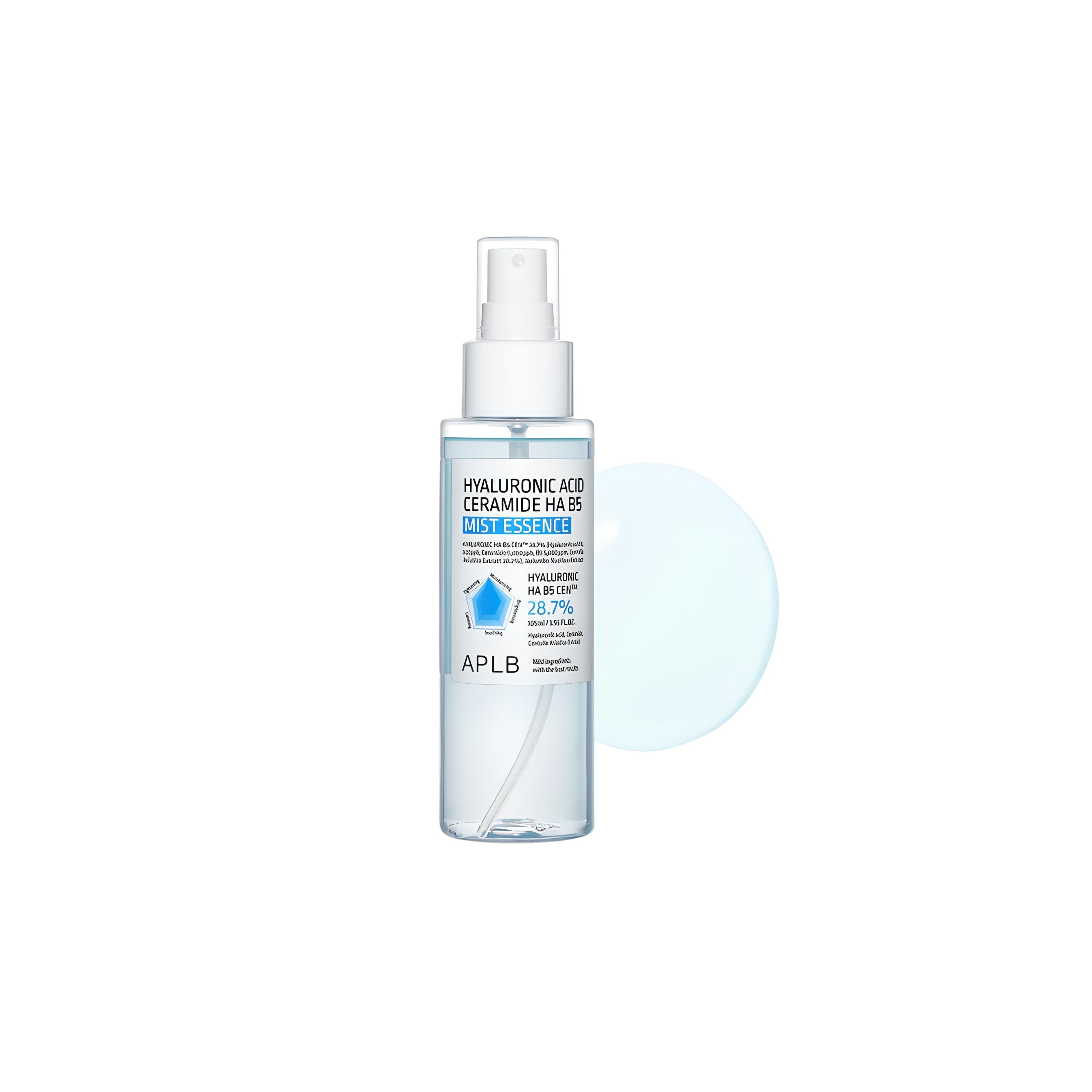 APLB Hyaluronic Acid Ceramide HA B5 Face Mist Essence in a 105ml spray bottle, showcasing the clear, refreshing mist ready for skincare use.