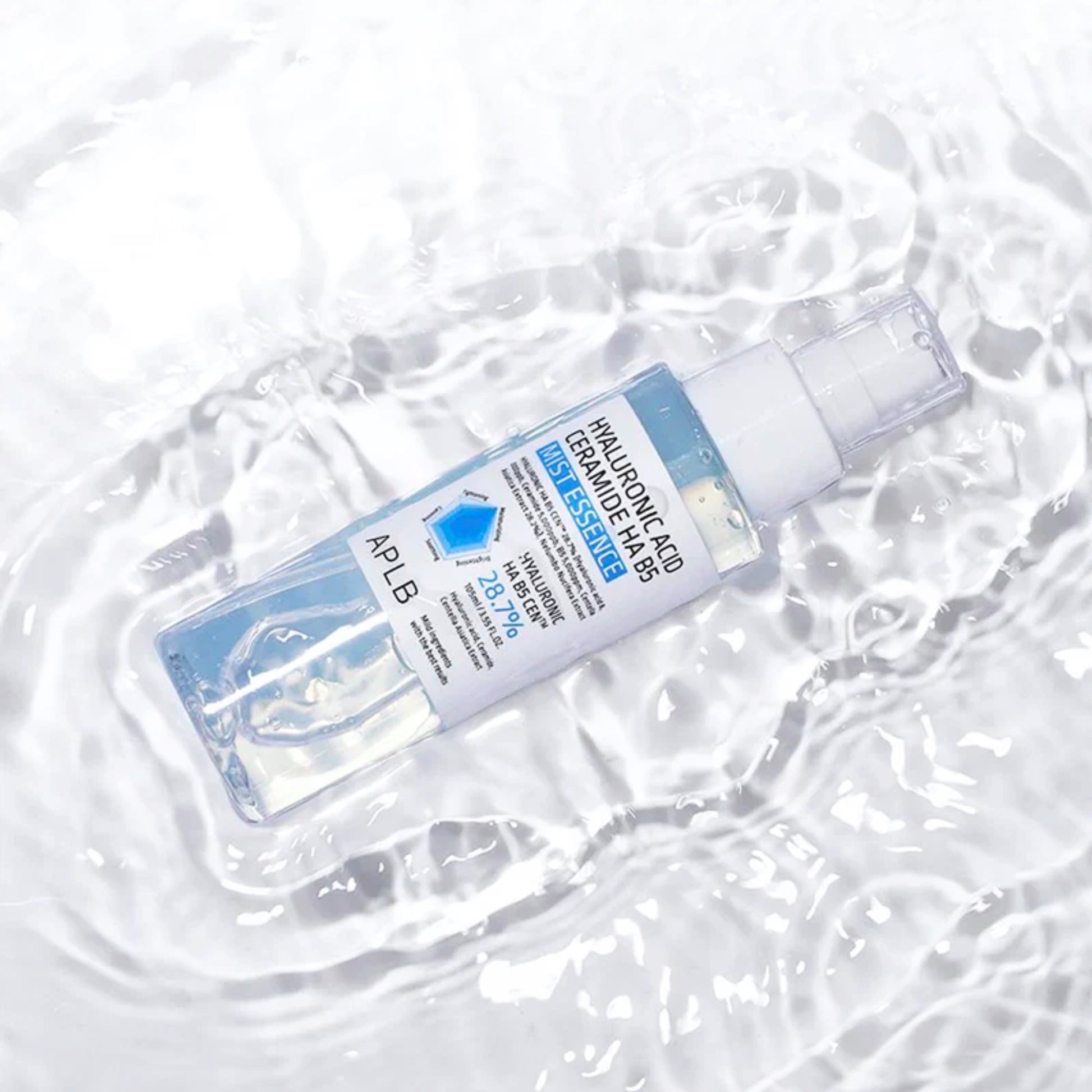 APLB Hyaluronic Acid Ceramide HA B5 Face Mist Essence in 105ml bottle, featuring clear spray nozzle and refreshing, hydrating formula.