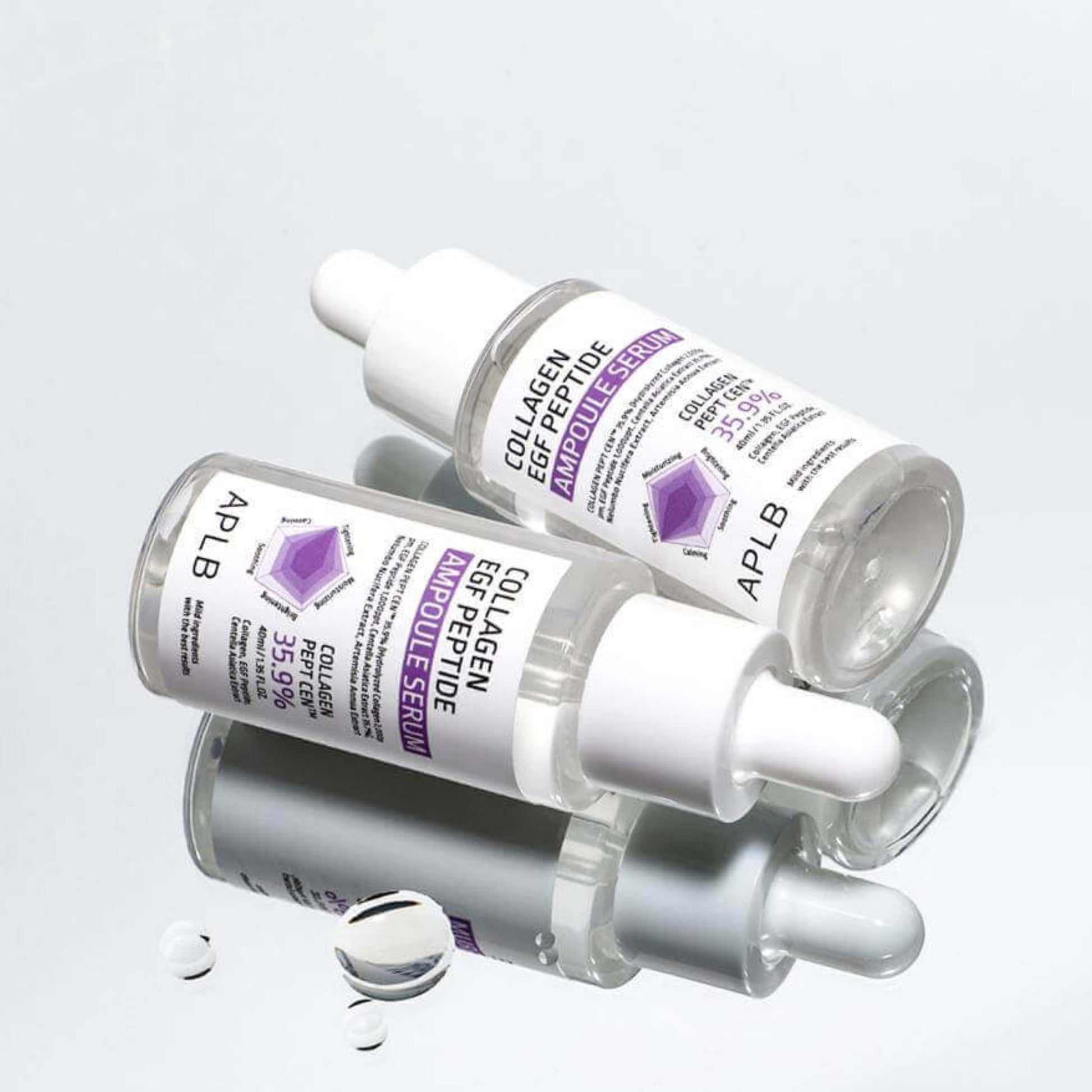 Clear serum bottle labeled Collagen EGF Peptide Ampoule Serum from APLB, showcasing a skincare product in a 40ml container.