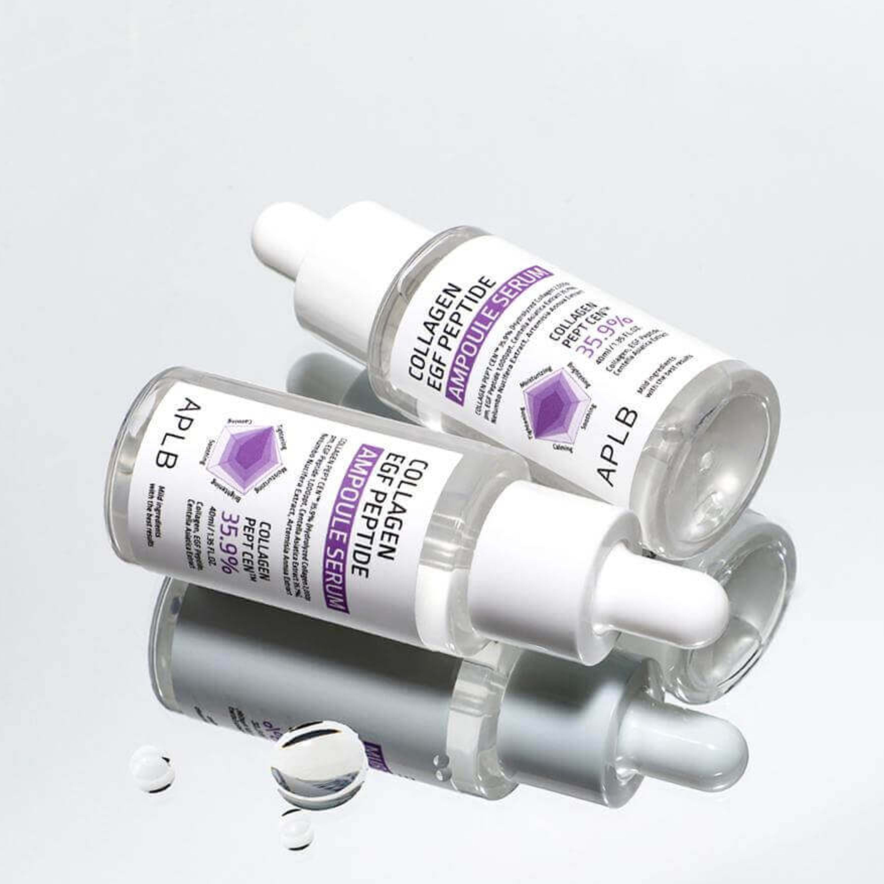 Clear serum bottle labeled Collagen EGF Peptide Ampoule Serum from APLB, showcasing a skincare product in a 40ml container.
