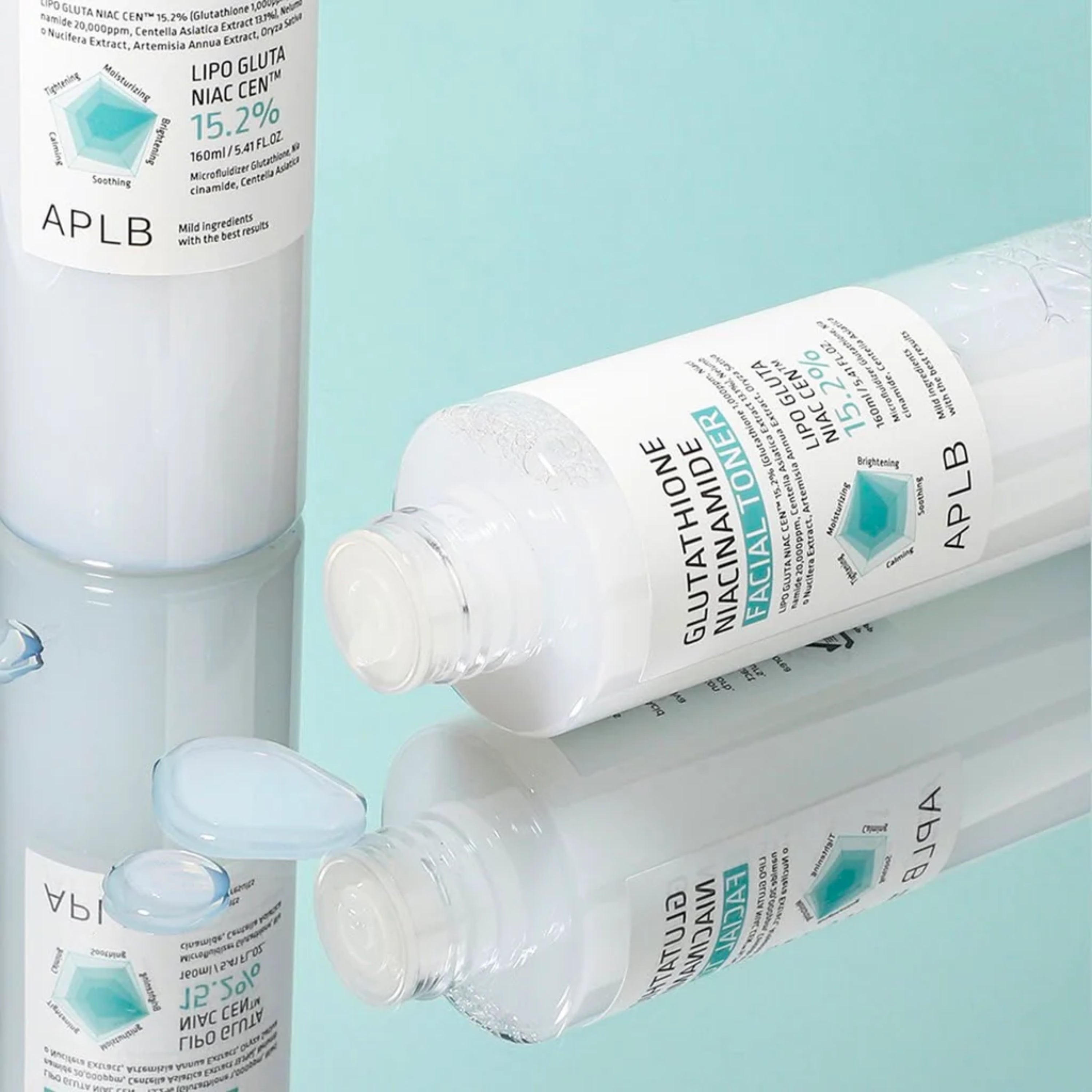 APLB Glutathione Niacinamide Facial Toner in 160ml bottle, clear liquid with a white cap, designed for skincare and facial cleansing.