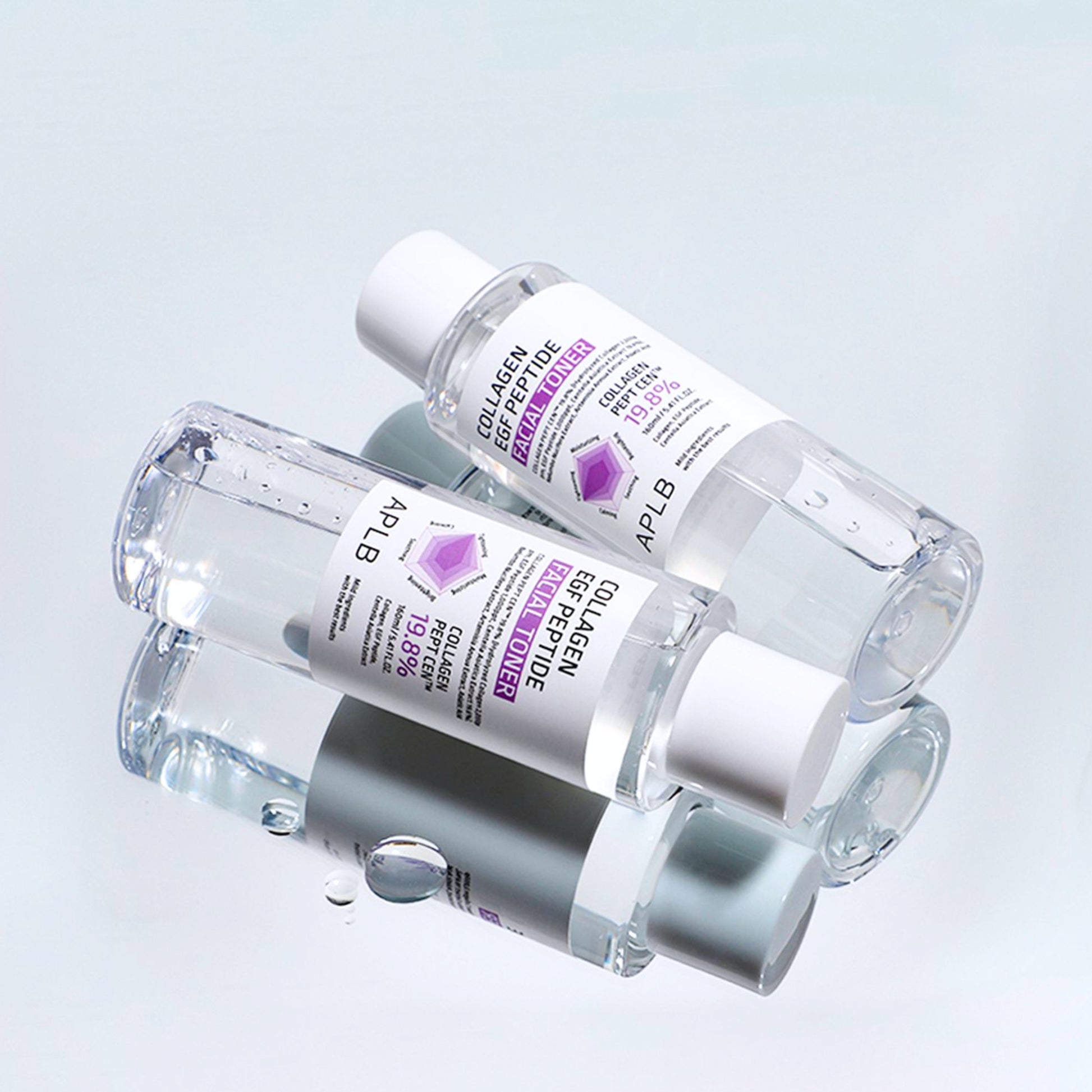 APLB Collagen EGF Peptide Facial Toner in a 160ml bottle, featuring a clear liquid with a white cap and minimalist label.
