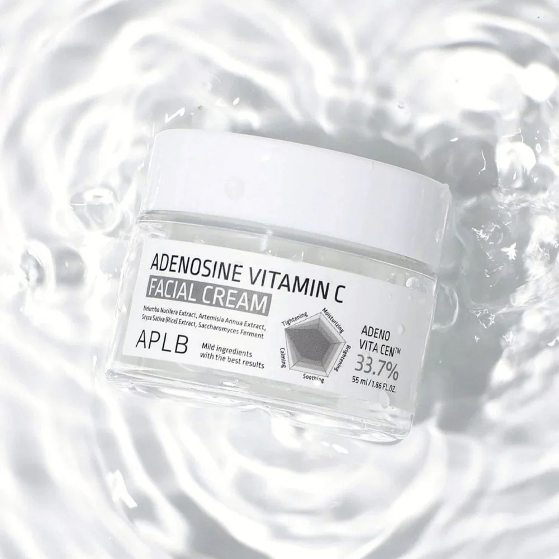 APLB Adenosine Vitamin C Facial Cream in a 55ml jar, a hydrating face moisturizer with brightening ingredients, shown in a sleek container.