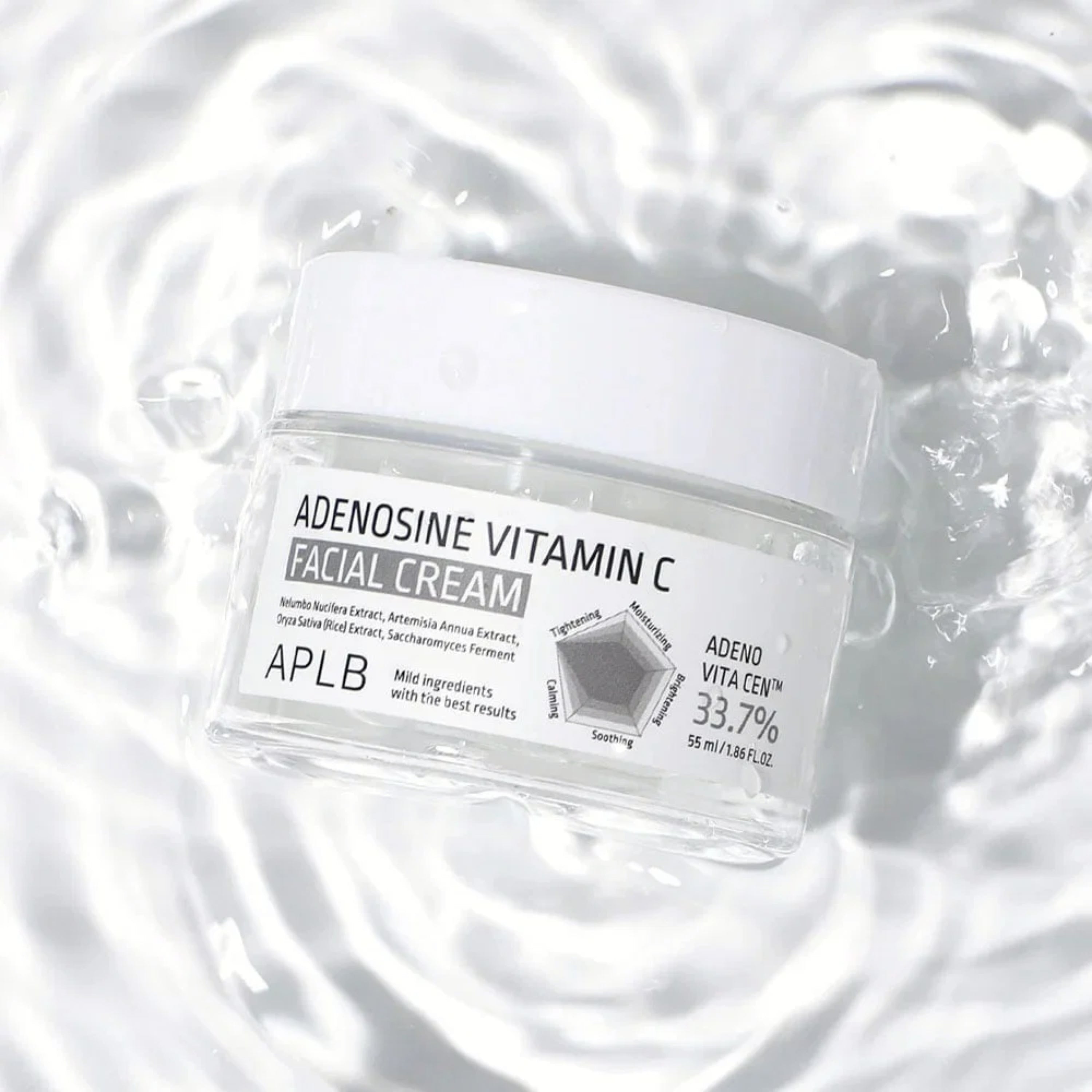 APLB Adenosine Vitamin C Facial Cream in a 55ml jar, a hydrating face moisturizer with brightening ingredients, shown in a sleek container.