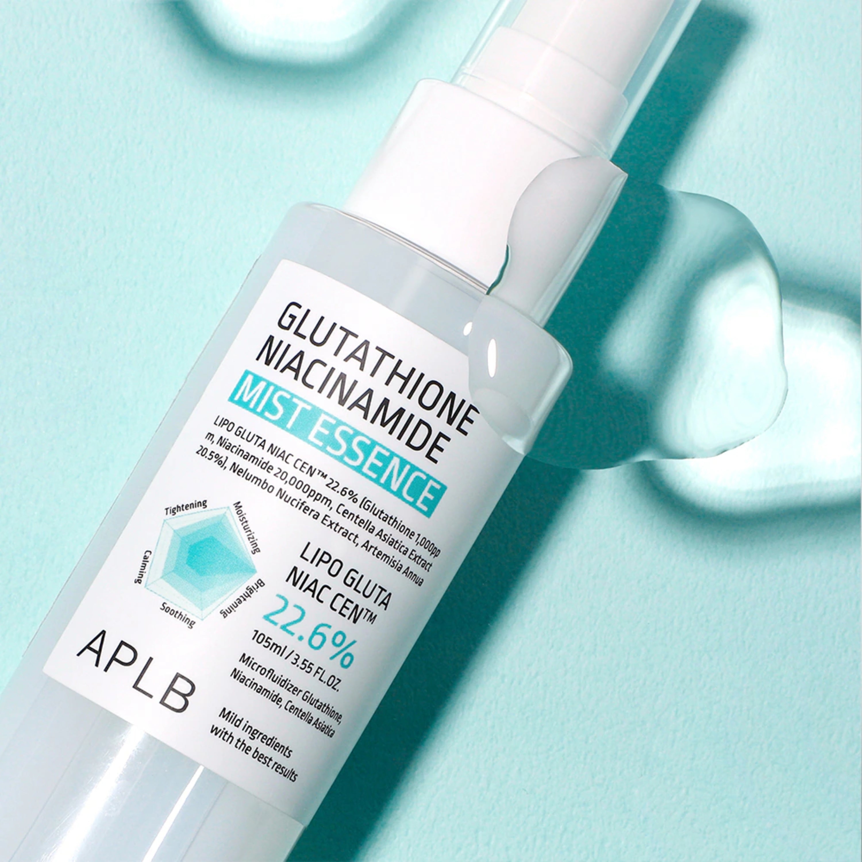 APLB Glutathione Niacinamide Mist Essence in a 105ml spray bottle, featuring clear liquid with a sleek packaging design.