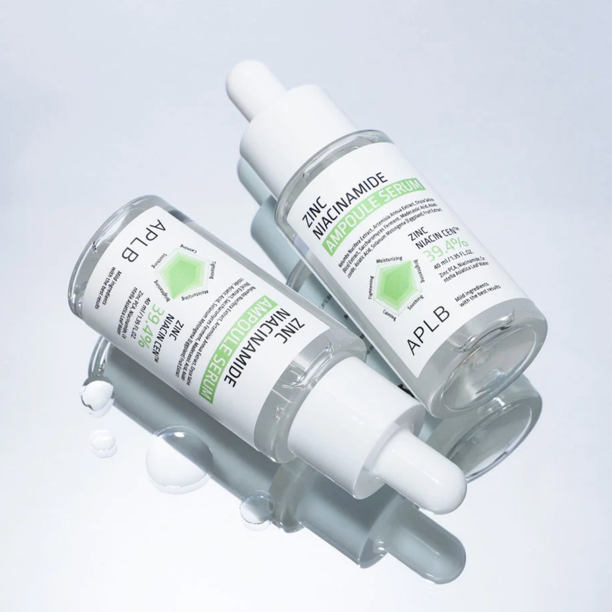 APLB Zinc Niacinamide Ampoule Serum 40ml in a clear bottle with a white dropper, designed for skincare and skin brightening.